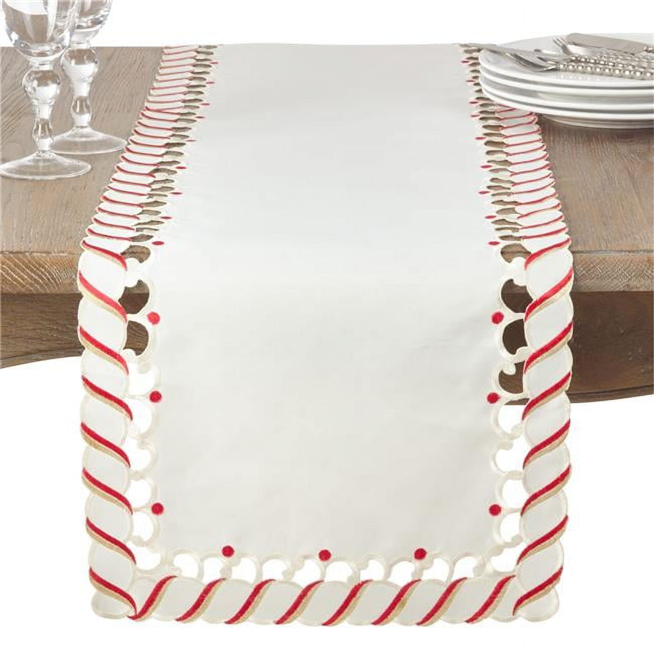 Saro Lifestyle Candy Cane Stripe Border Christmas Holiday Table Runner, Ivory, 16" x 108"