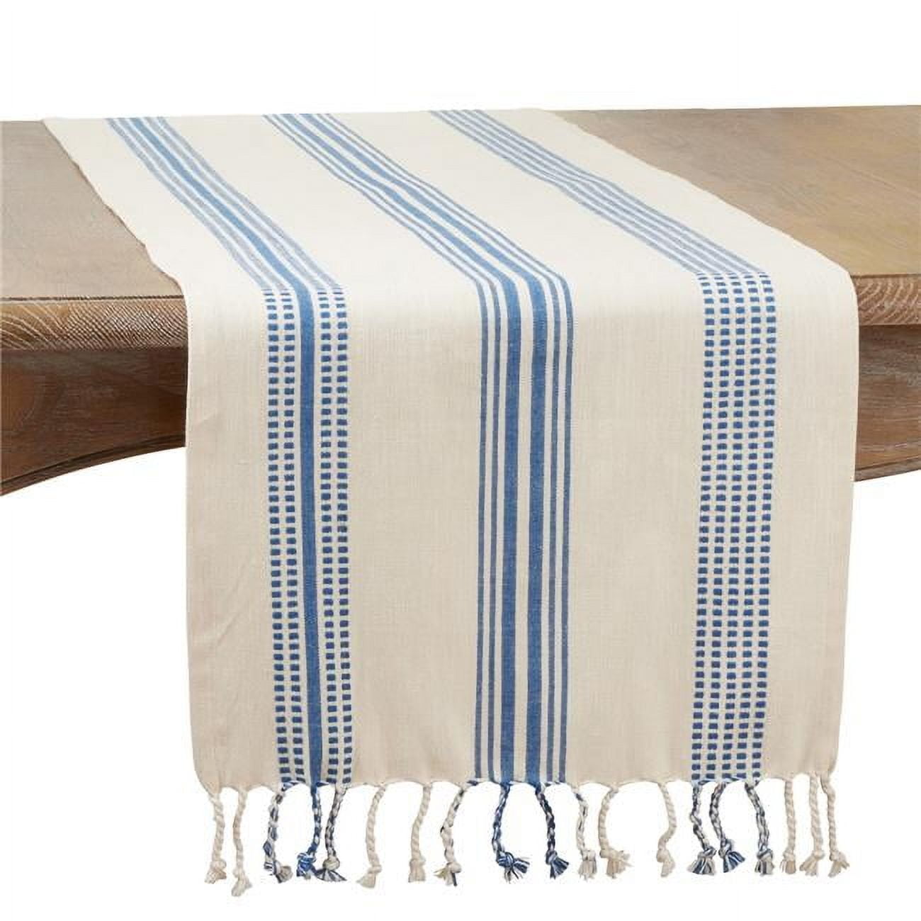 Navy Blue and Off-White Cotton Striped Table Runner, 16" x 108"