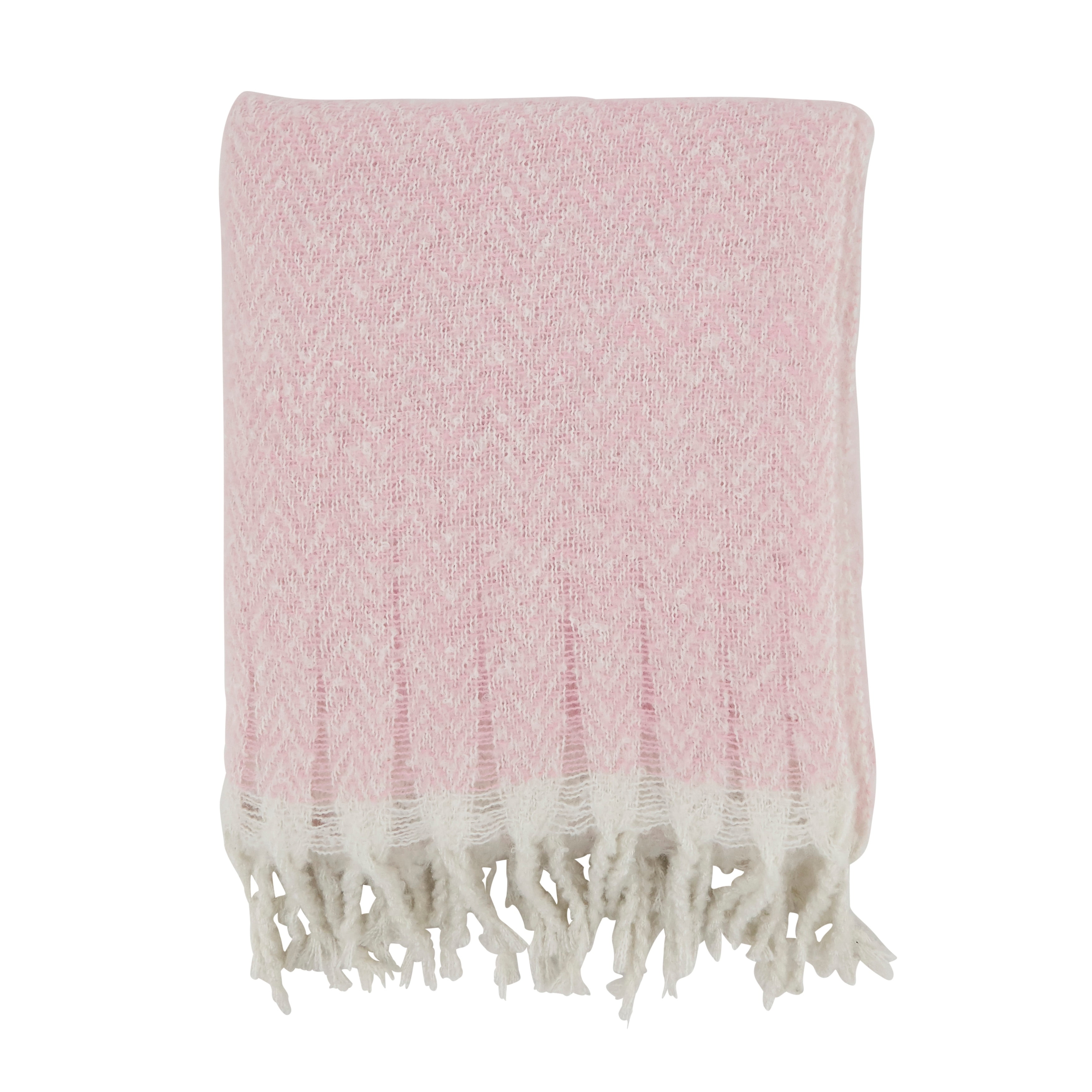 Pink Faux Mohair Herringbone Fringed Throw Blanket