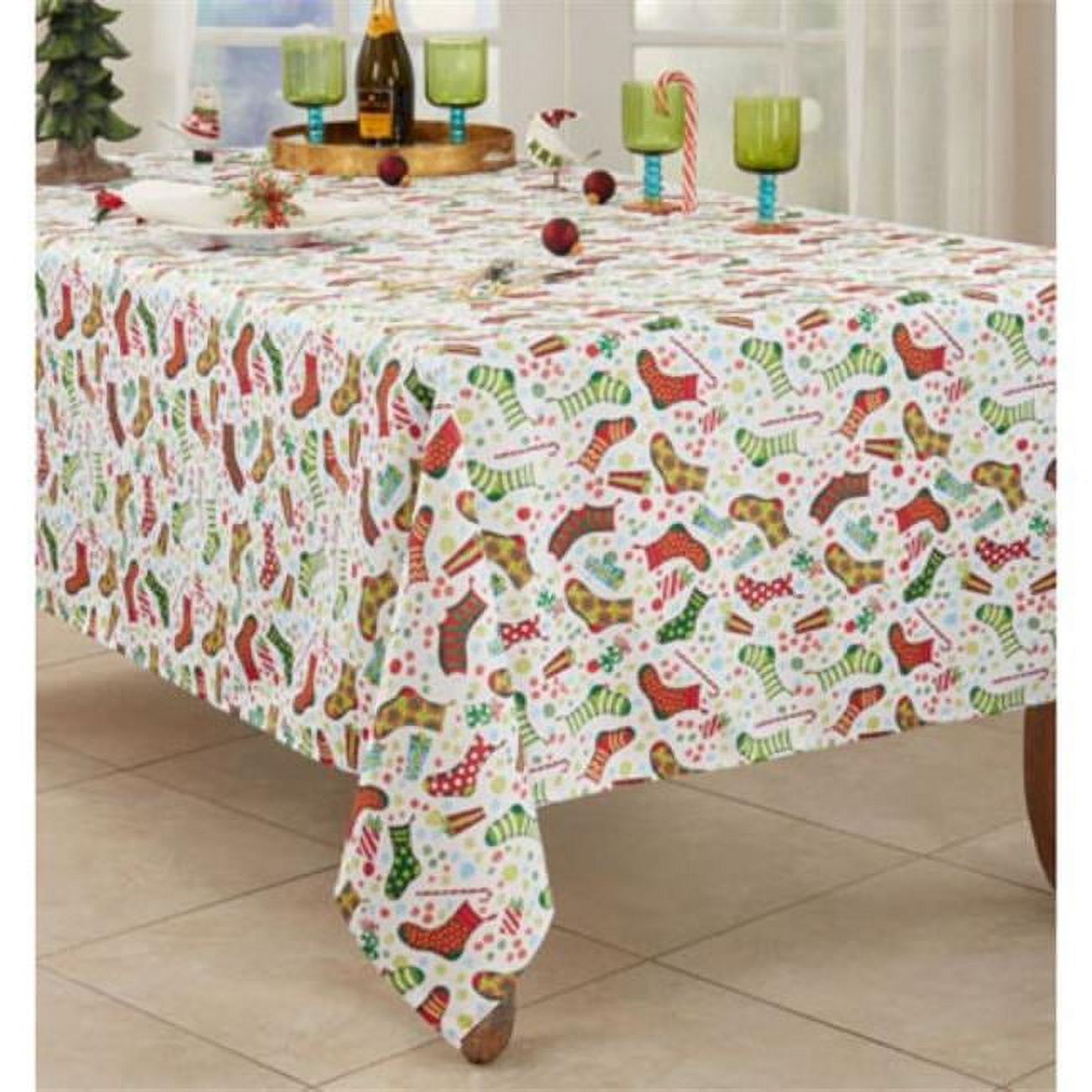 Festive Christmas Stockings Fabric Tablecloth, 65" x 84"