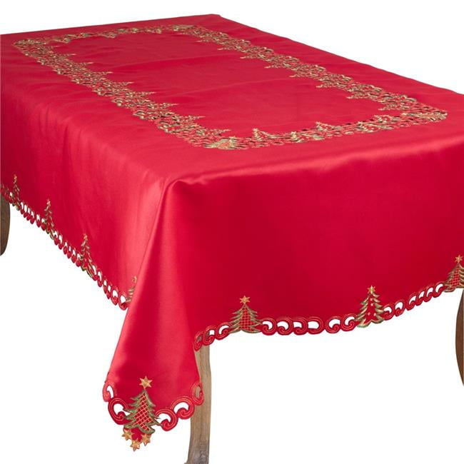Festive Red Embroidered Christmas Tree Tablecloth, 67" x 120"