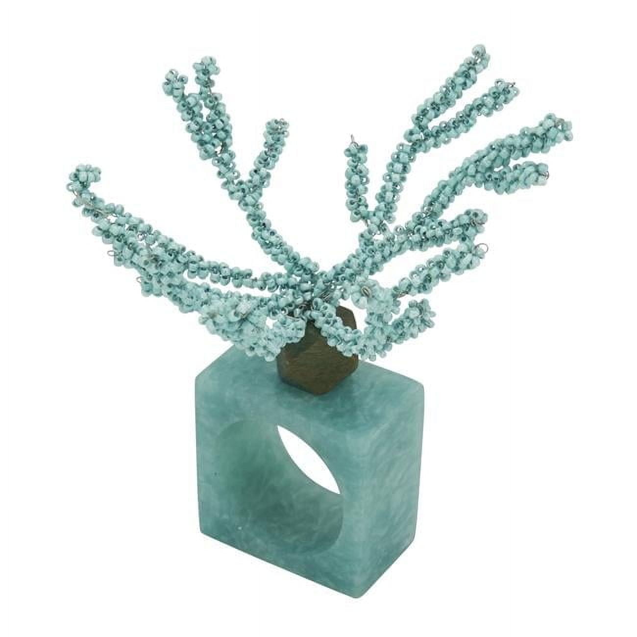 Aqua Beaded Coral Design Iron Napkin Rings, Set of 4