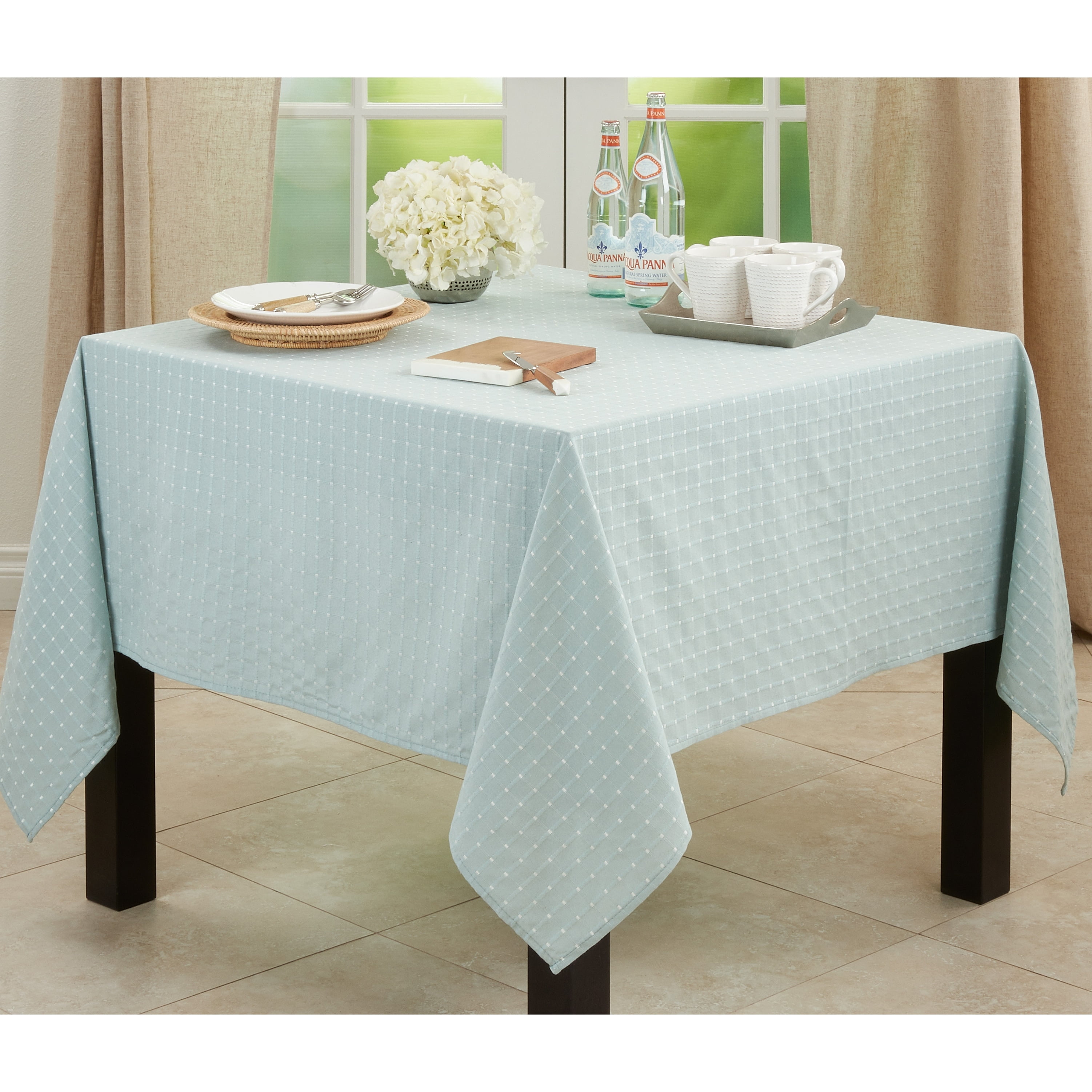 Aqua Square Stitched Cotton-Polyester Tablecloth, 70"