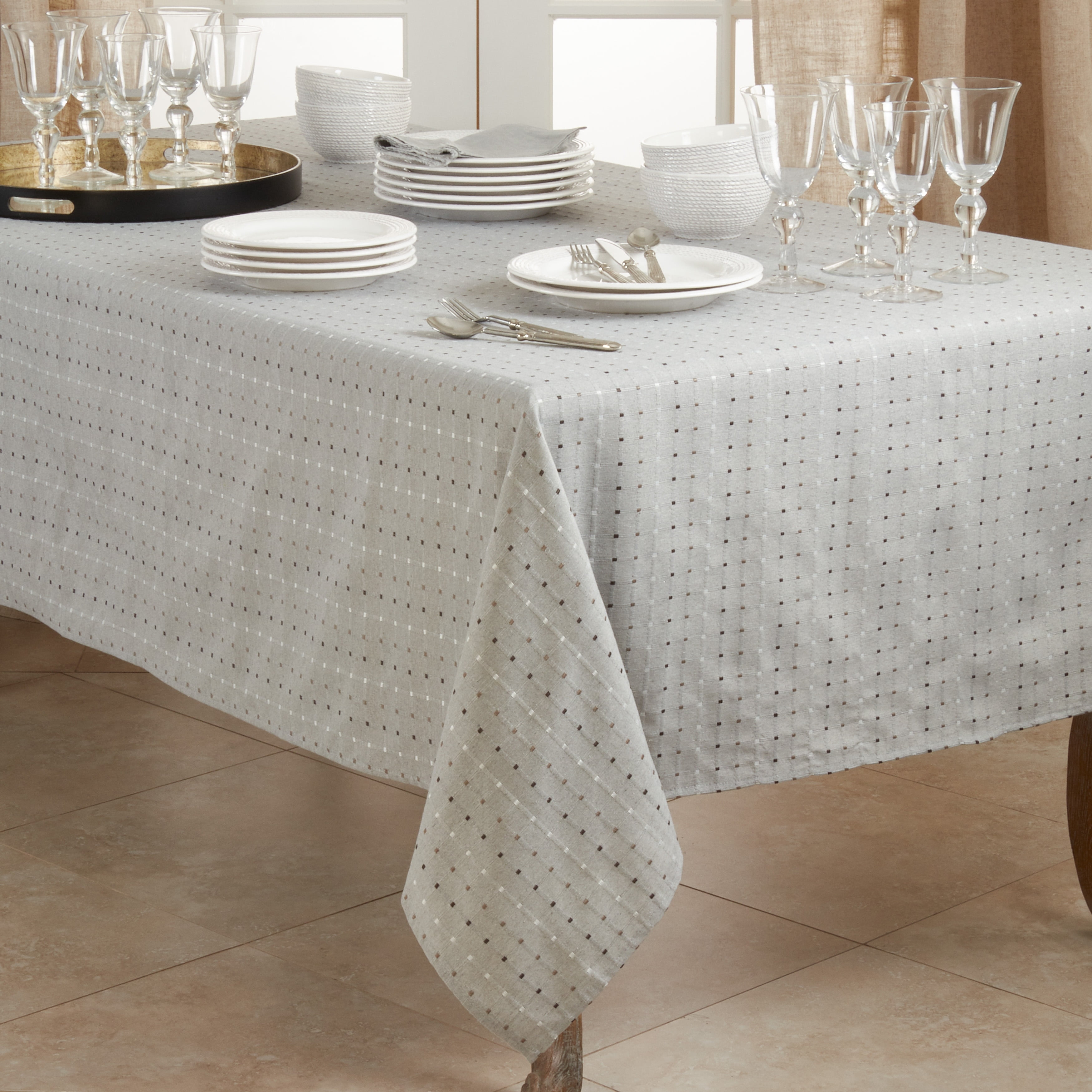 Gray Cotton-Polyester Stitched Line Tablecloth