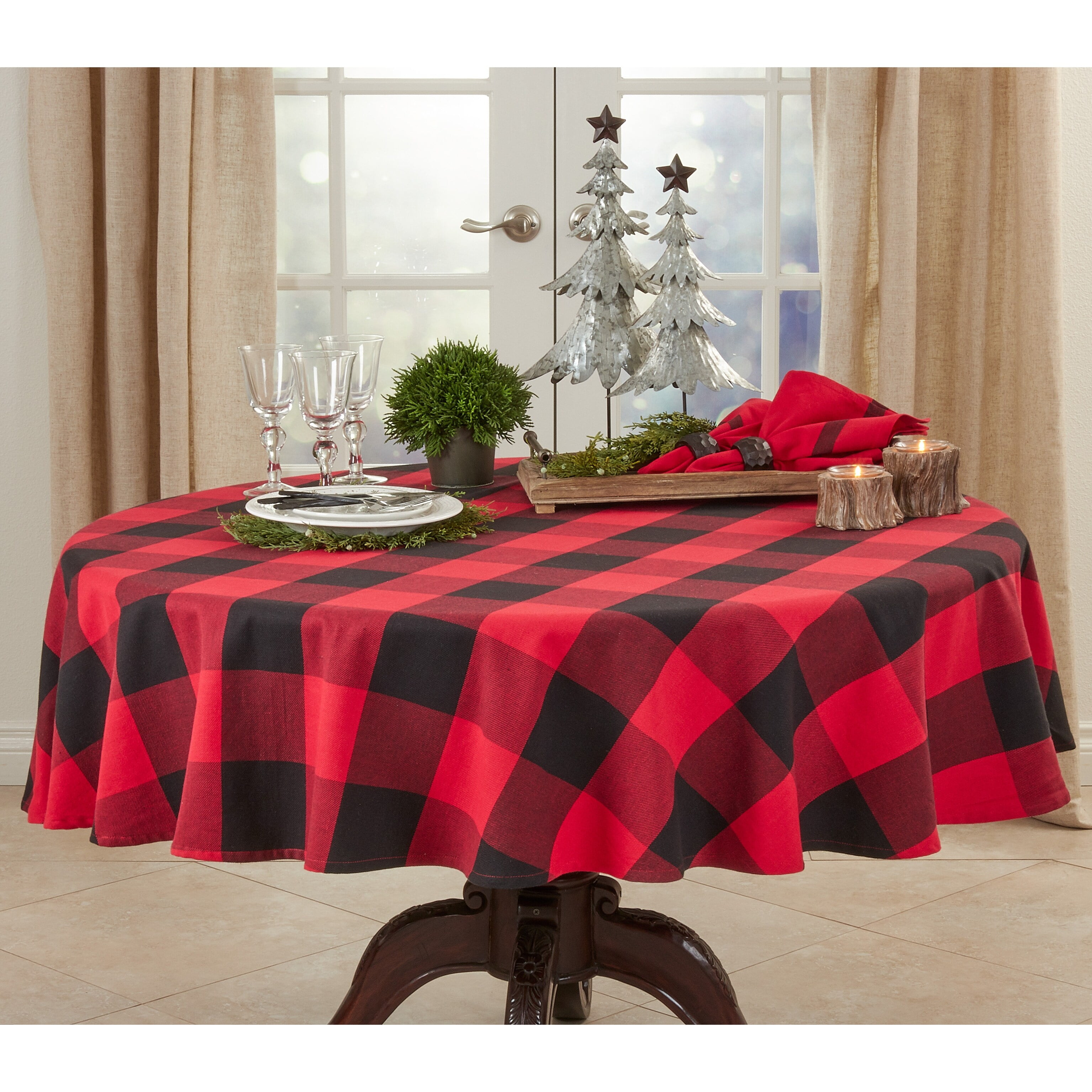Red and Black Buffalo Plaid Cotton Round Tablecloth