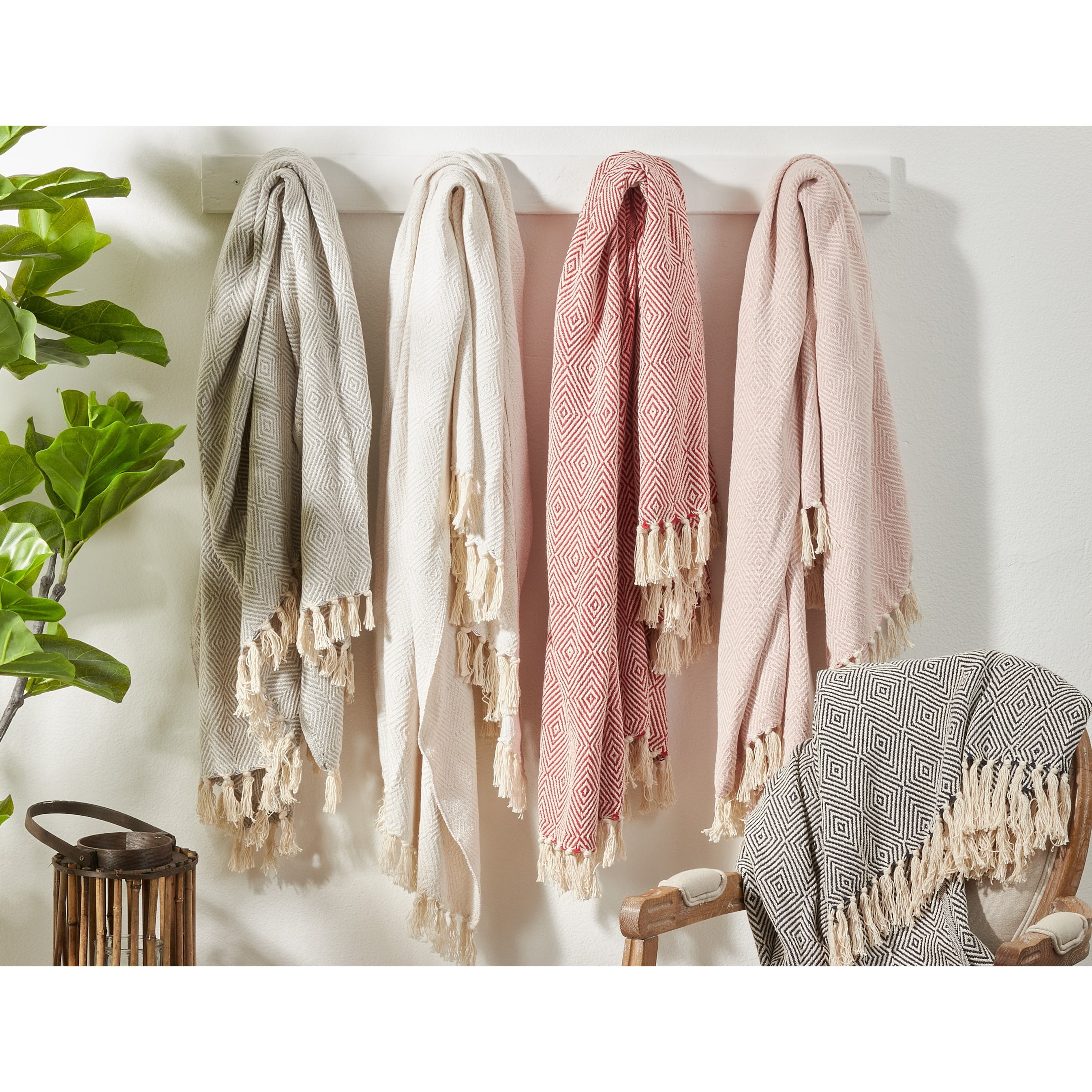 Red Cotton Diamond Weave Reversible Throw Blanket with Tassels