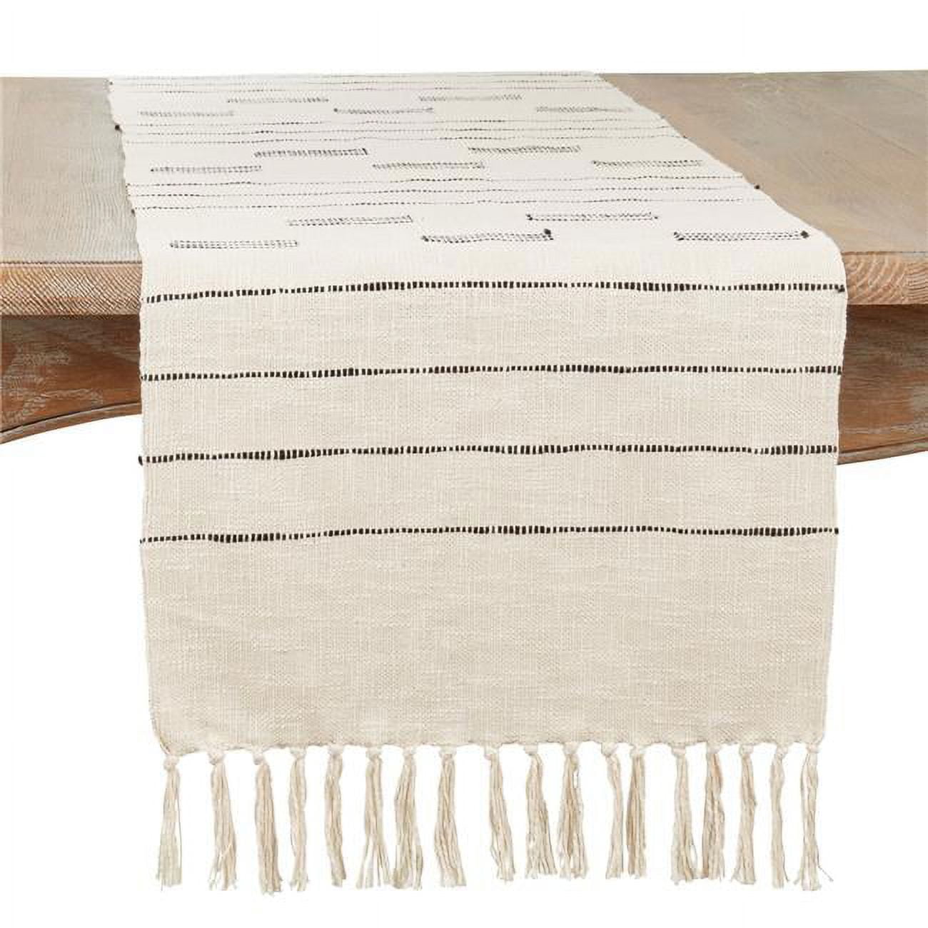 Off-White Cotton Dash Line Table Runner with Tassels