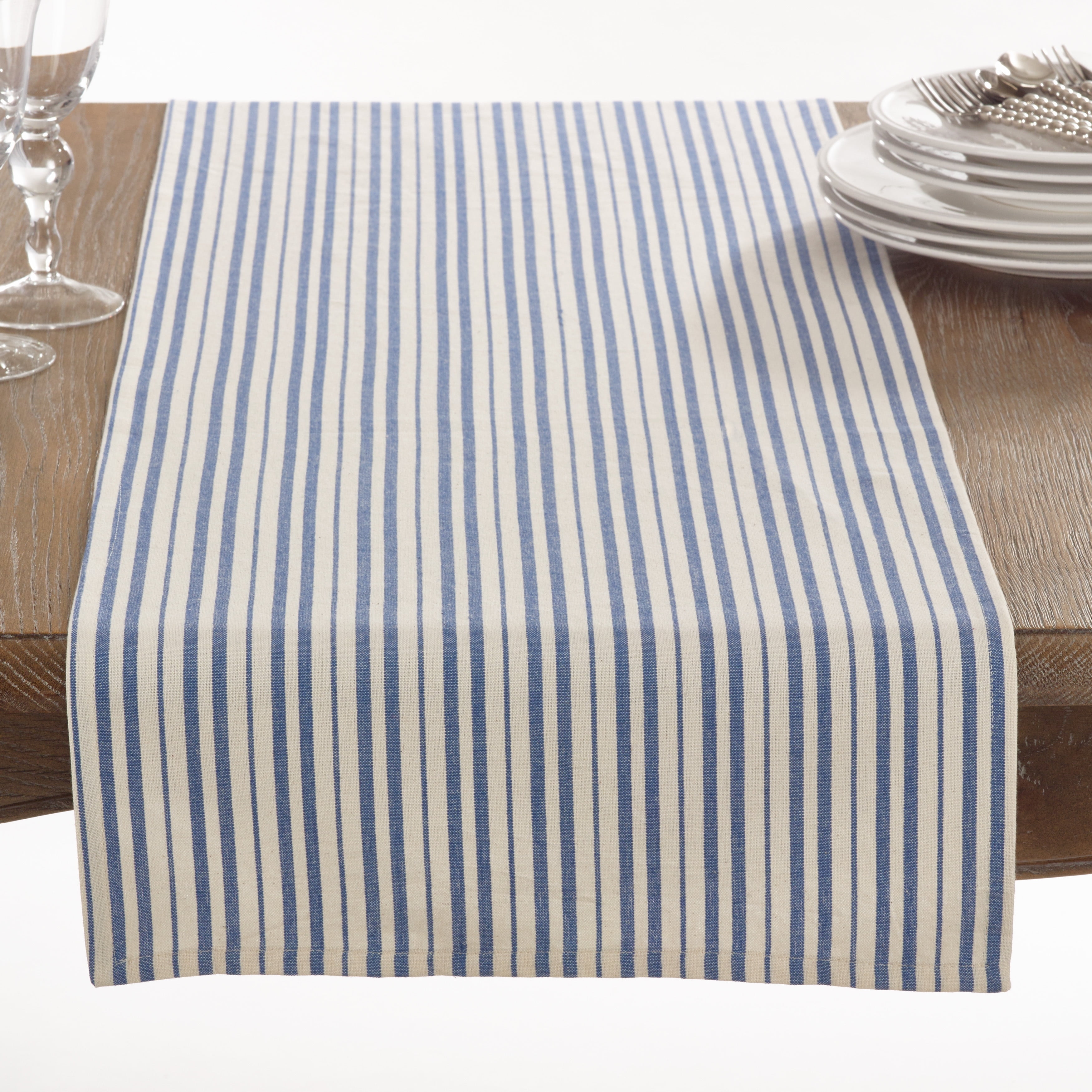 Blue Cotton Striped Coastal Table Runner, 16"x72"