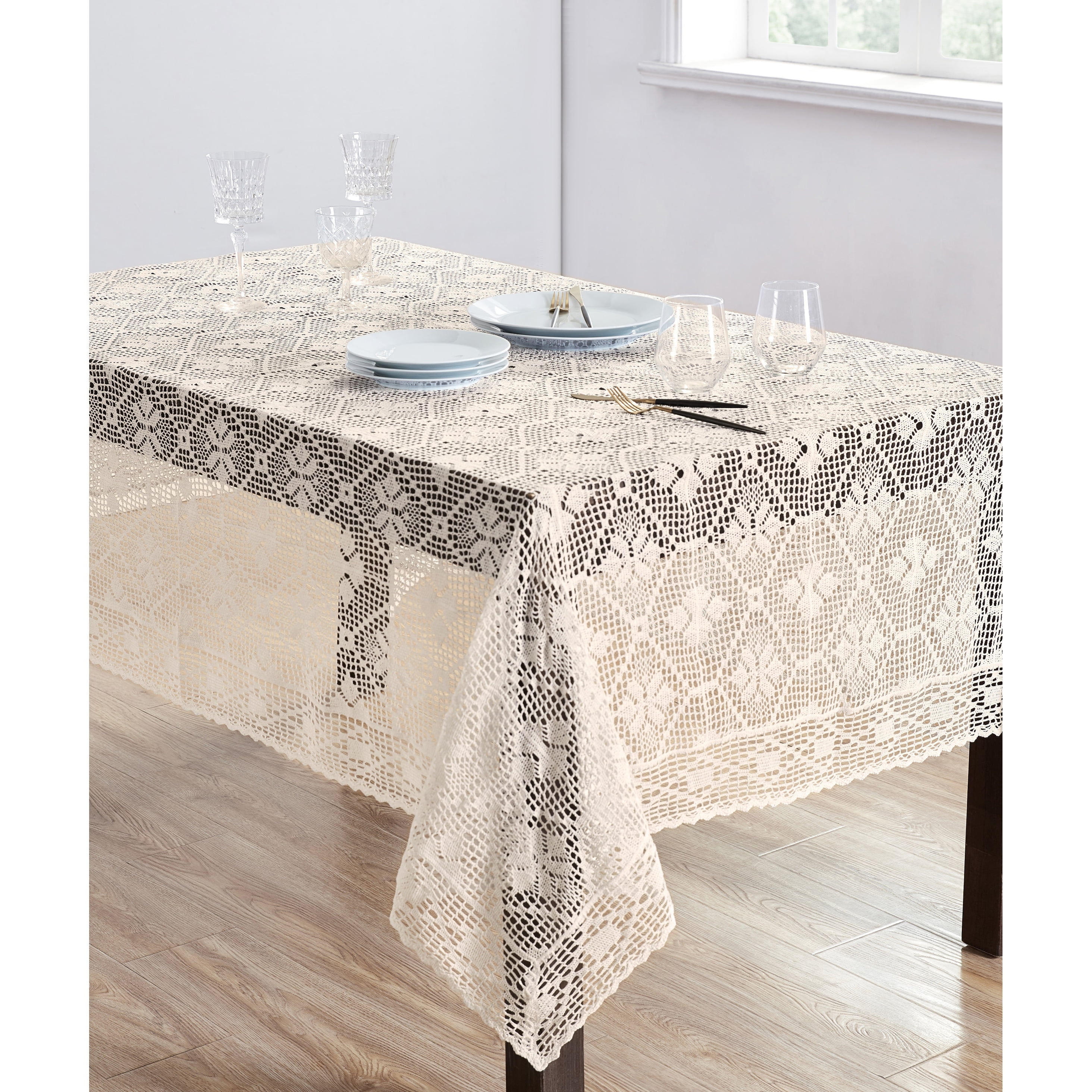 Ecru Rectangular Cotton Crochet Design Tablecloth