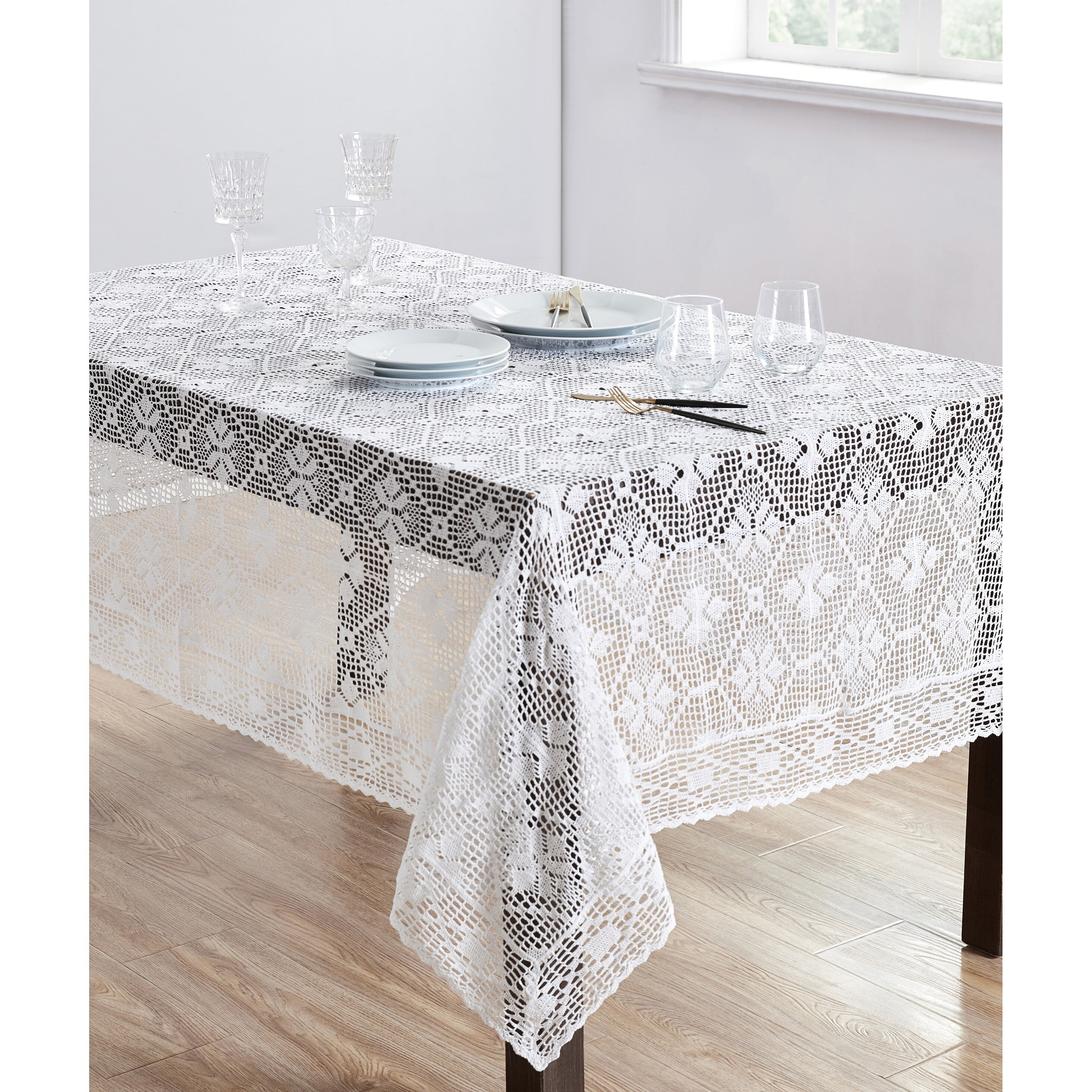 White Rectangular Cotton Blend Crochet Tablecloth