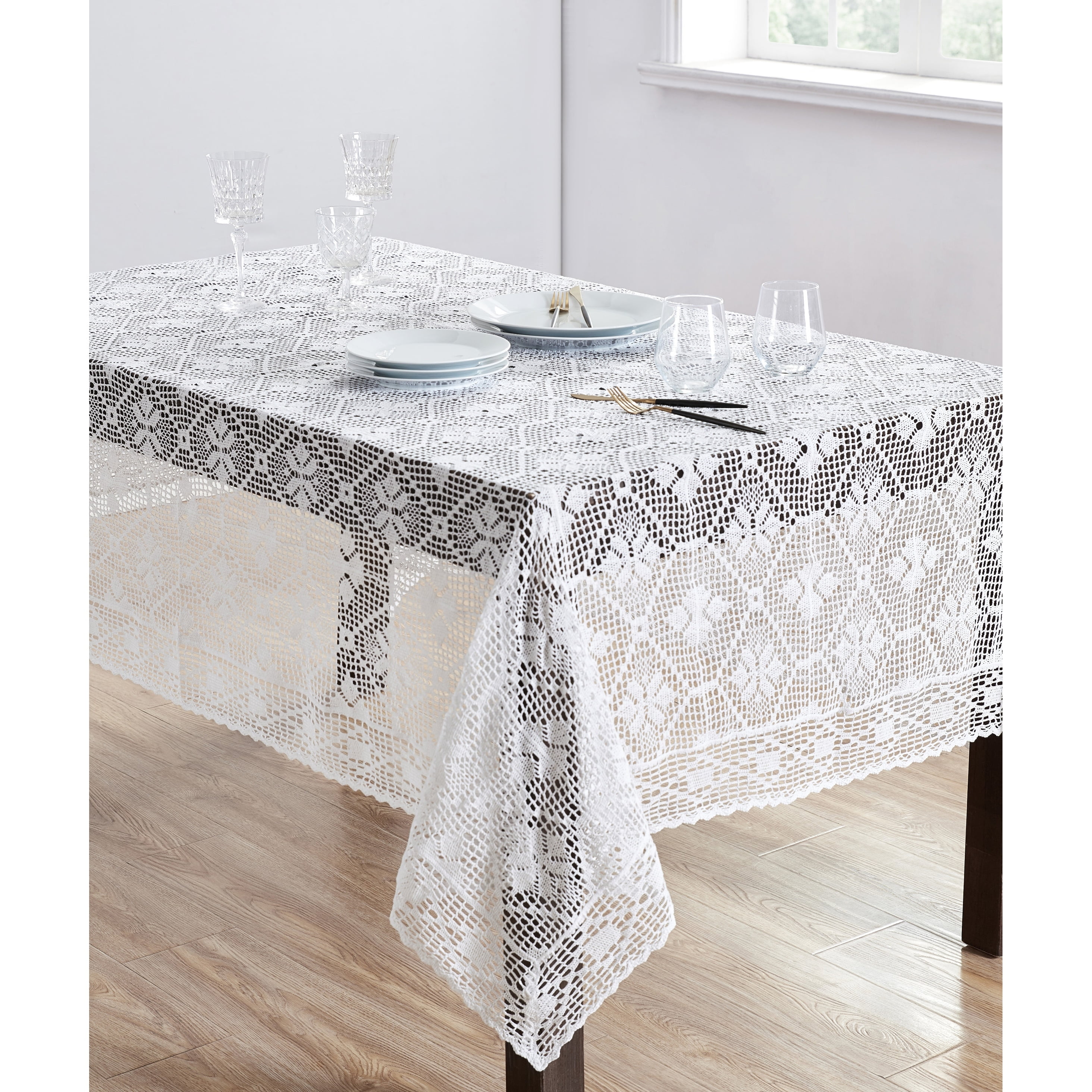 White Rectangular Cotton Blend Crochet Tablecloth
