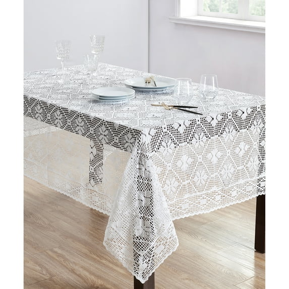 Saro Lifestyle Delicate Crochet Tablecloth White 65"x88"