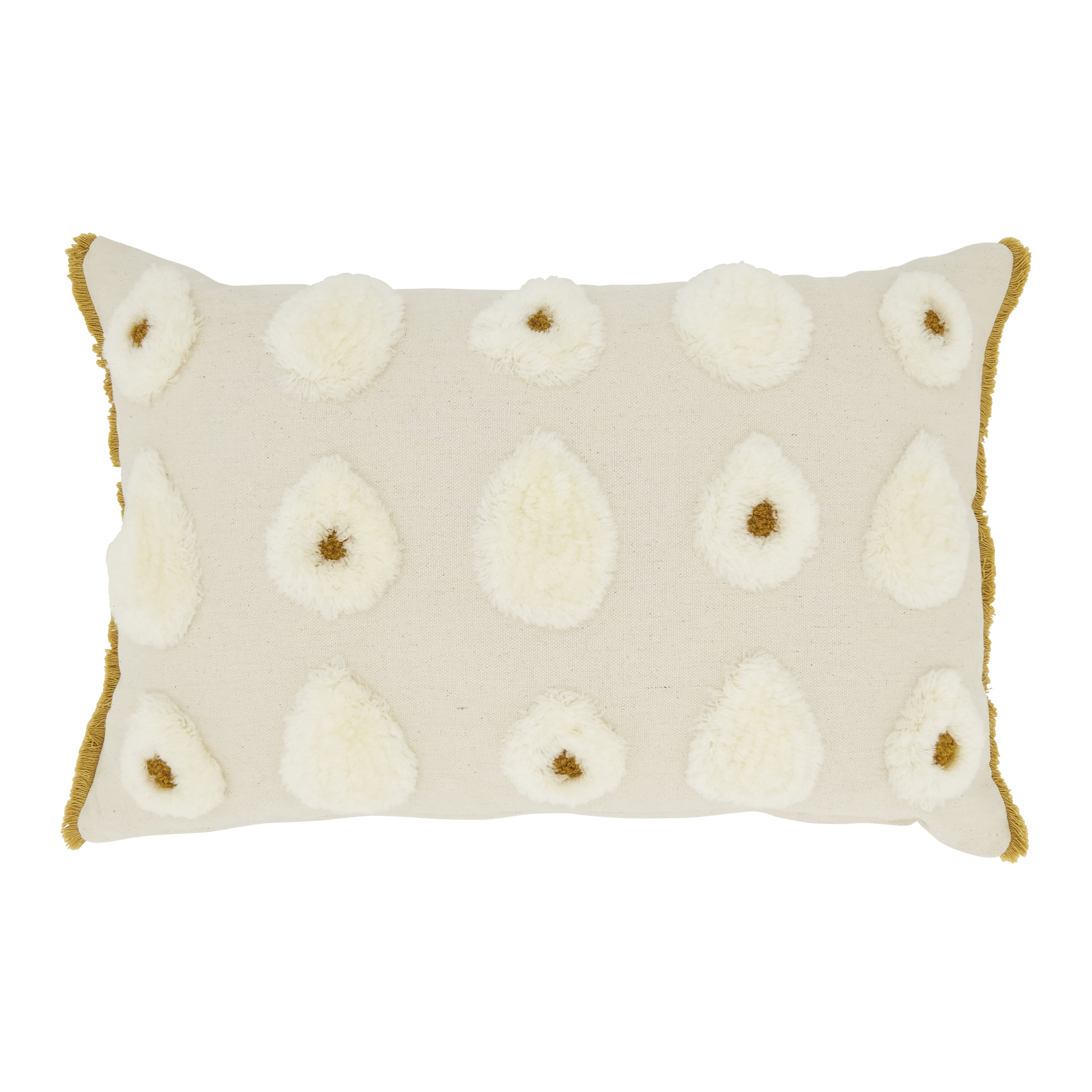Dreamy Pom Pom White Rectangular Throw Pillow with Furry Detailing