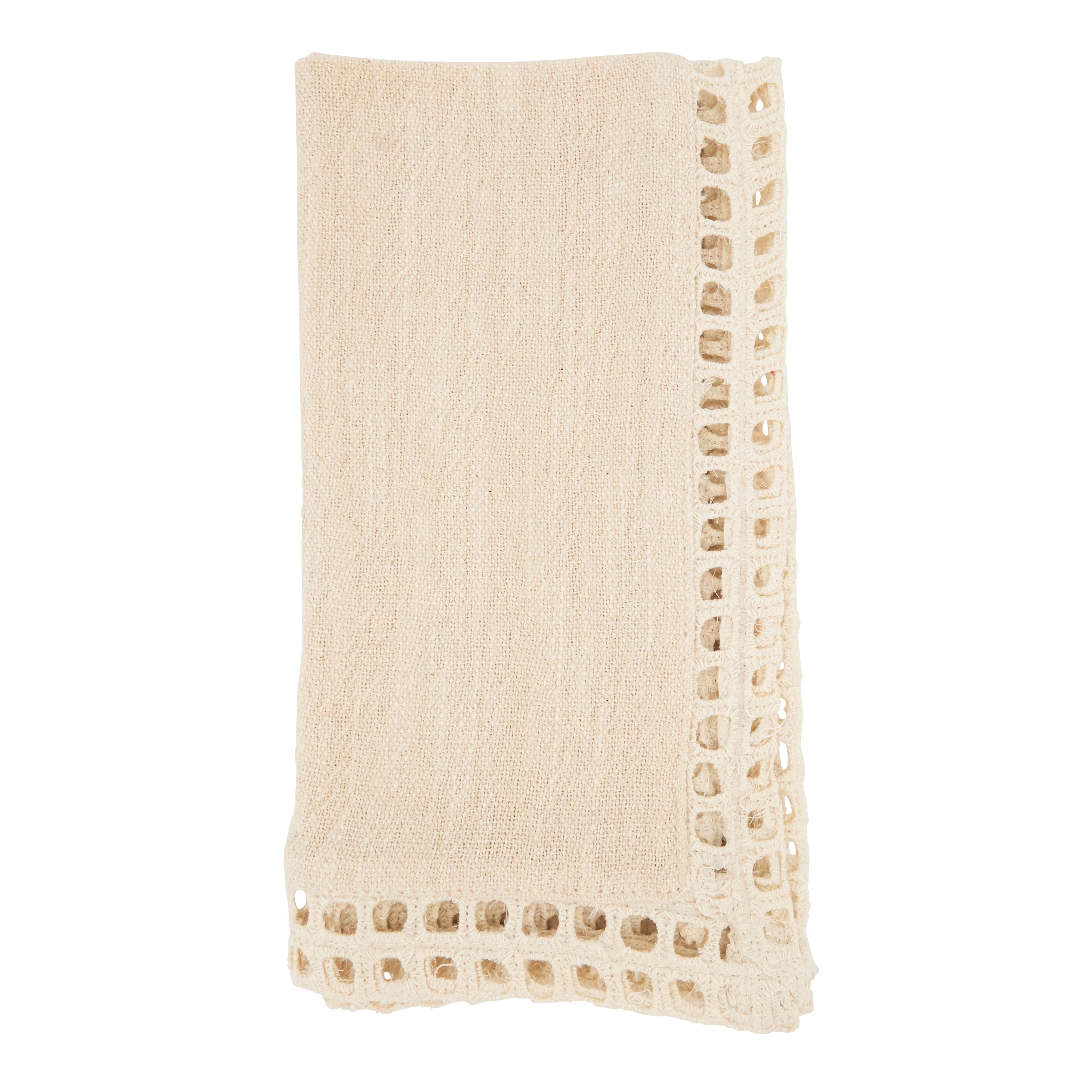 Off-White Cotton Table Napkins with Netted Trim, Set of 4