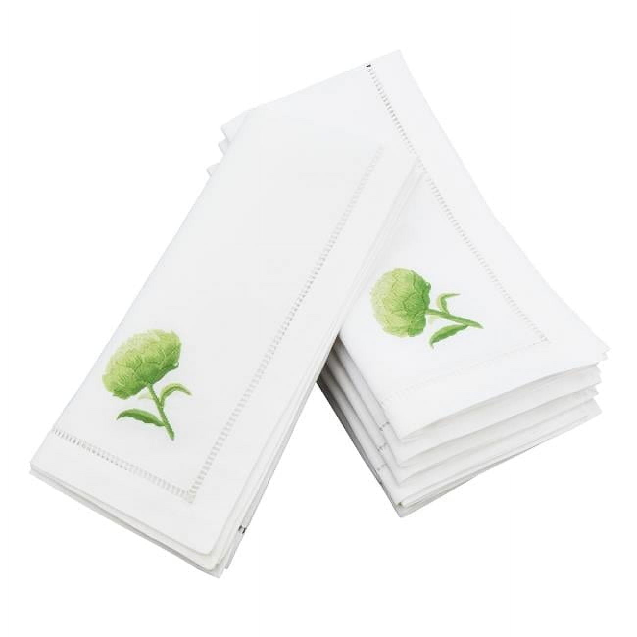 White Cotton Embroidered Artichoke Hemstitch Napkins, 20" Square, Set of 6