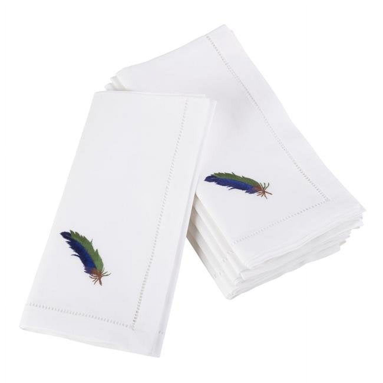White Cotton Napkins with Blue Feather Embroidery, Set of 6