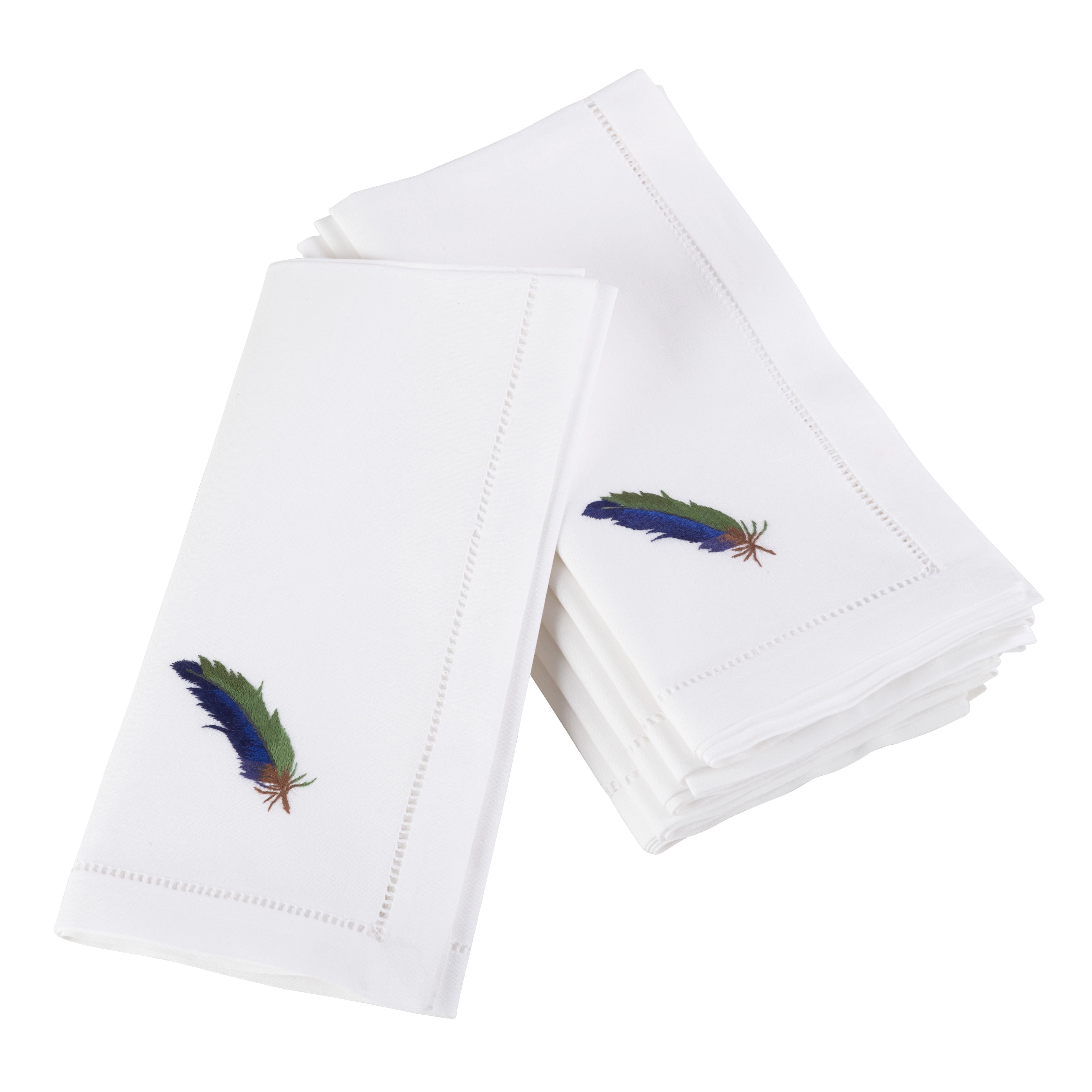 White Cotton Napkins with Blue Feather Embroidery, Set of 6