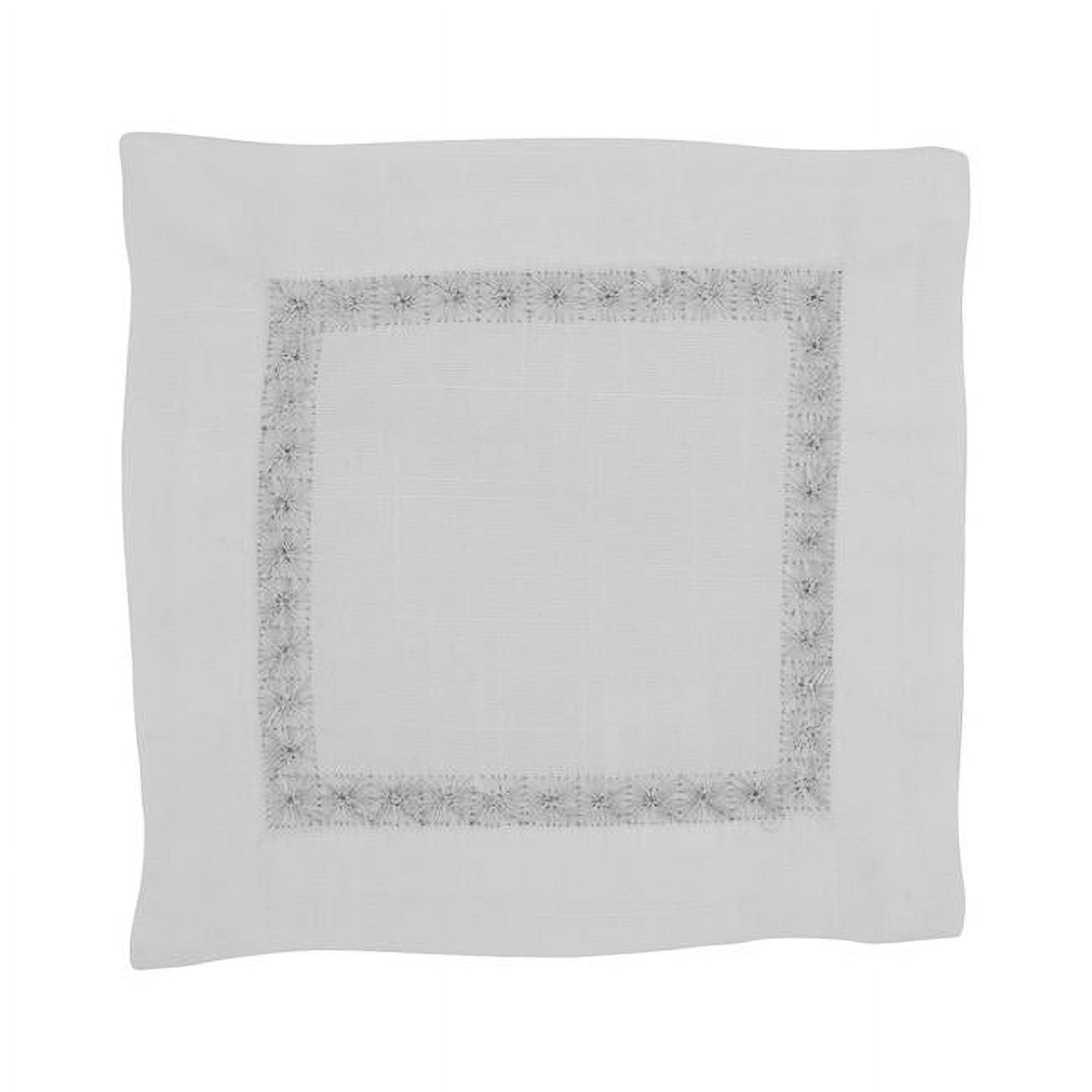 Silver Embroidered Polyester Square Cocktail Napkins, Set of 4