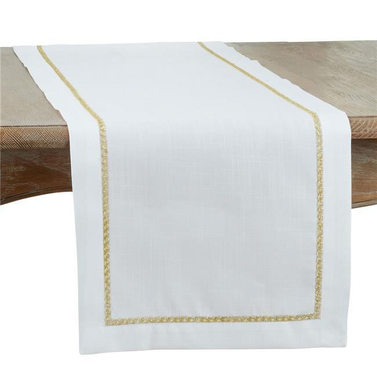 White and Gold Embroidered Border Polyester Table Runner