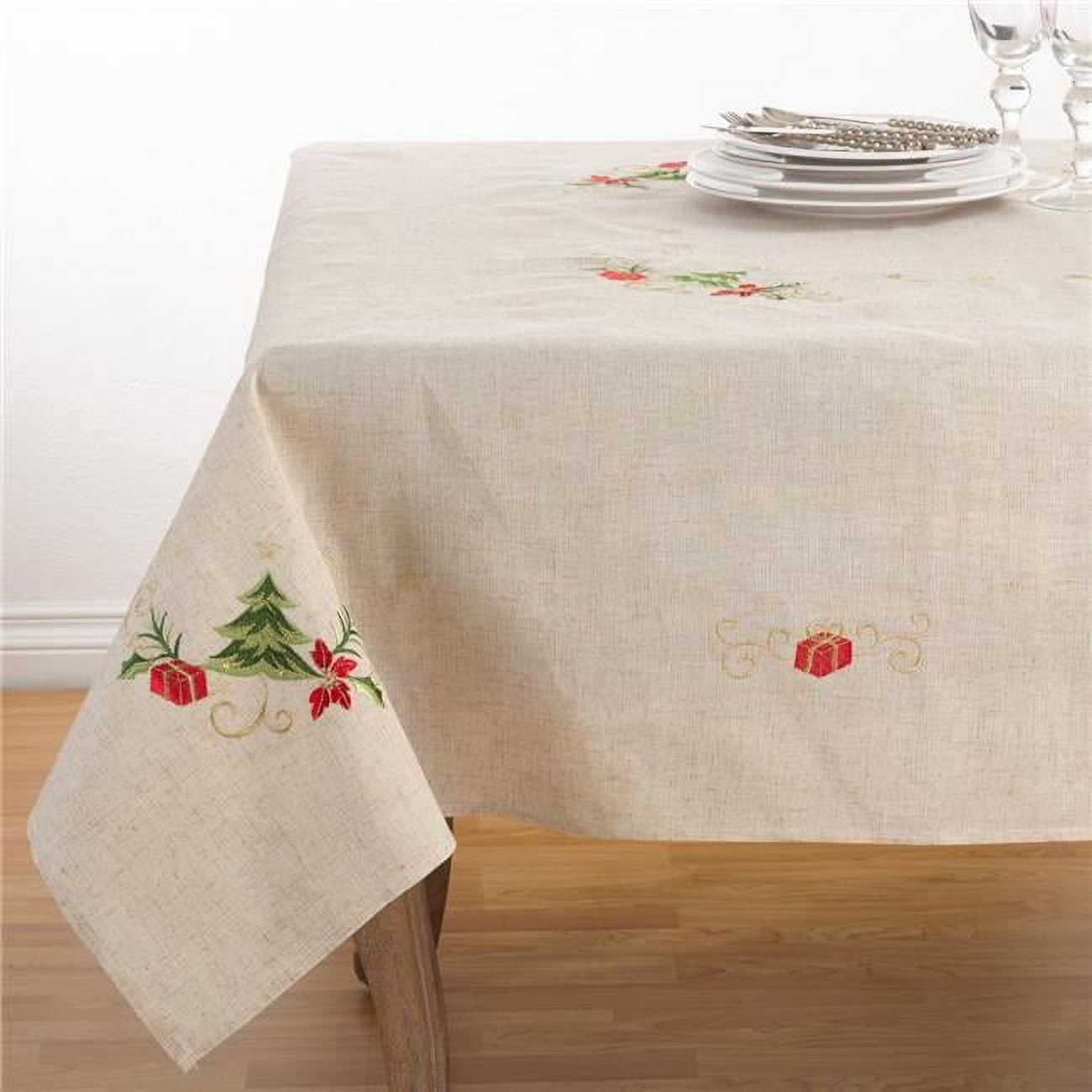 Embroidered Christmas Tree Linen Blend Square Tablecloth