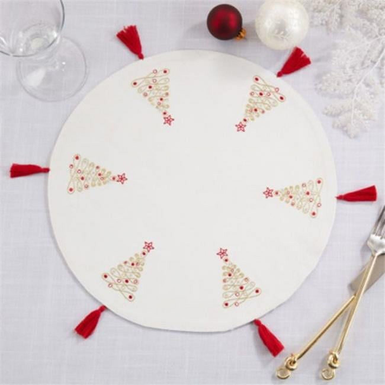 Round White Cotton Placemats with Red Embroidered Christmas Trees, Set of 4