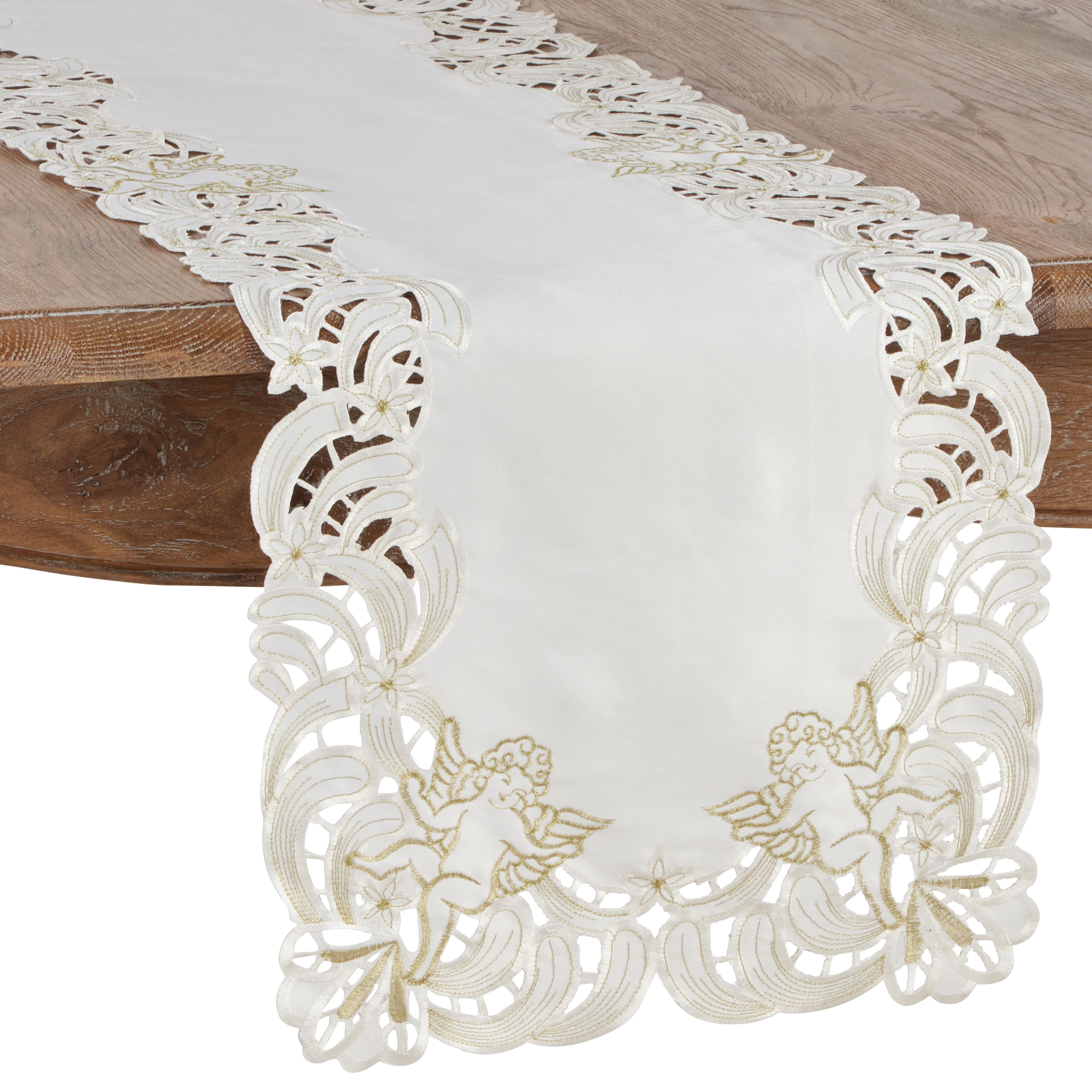 Ivory Embroidered Cupid Design Polyester Table Runner