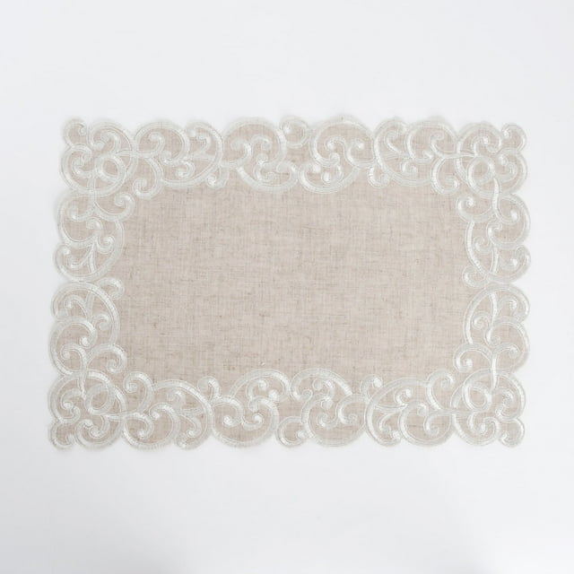 Saro Lifestyle Embroidered Design Linen Blend Table Runner or Topper or Placemats (set of 4) natural-topper 34" x 34" Single
