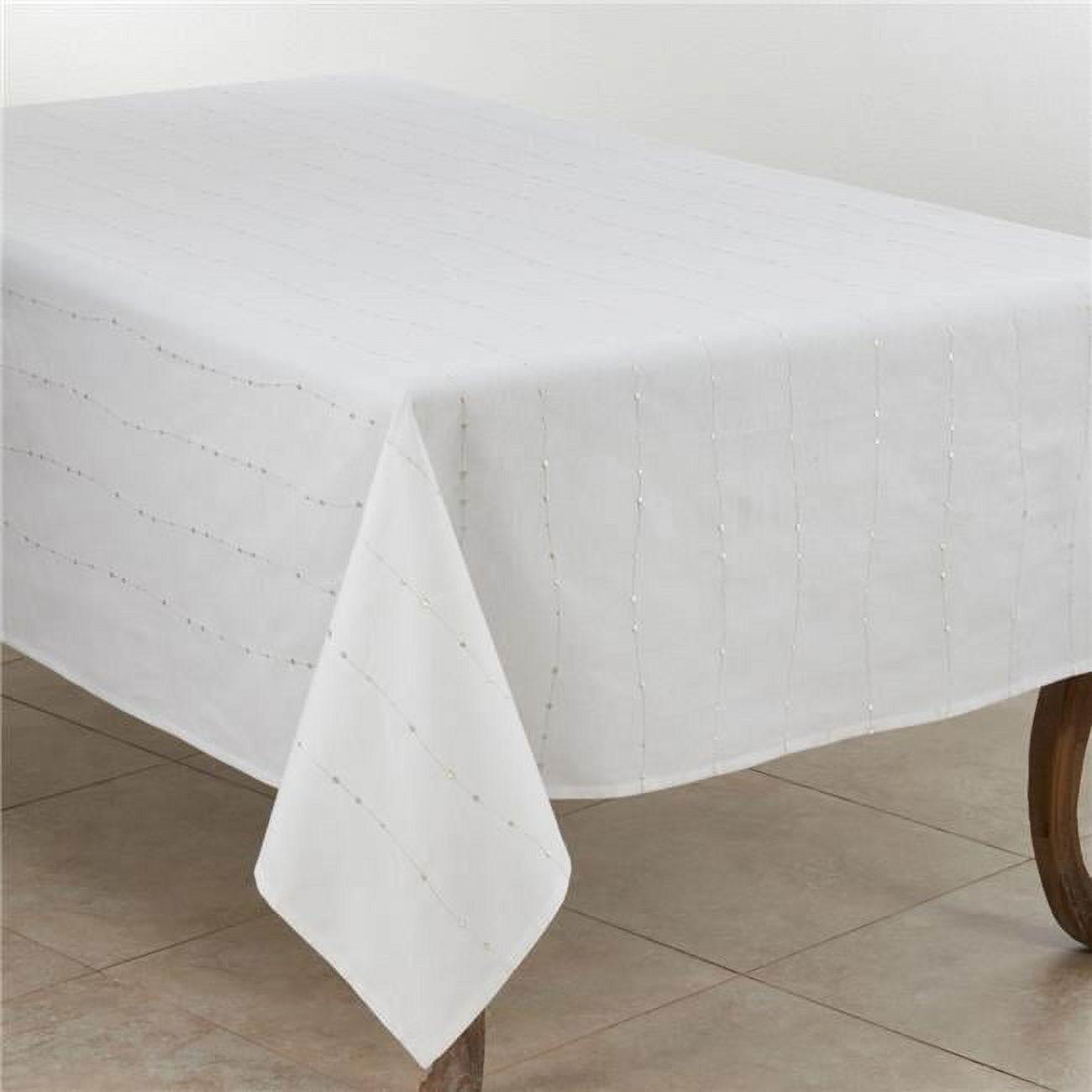 White and Silver Embroidered Rectangular Fabric Tablecloth