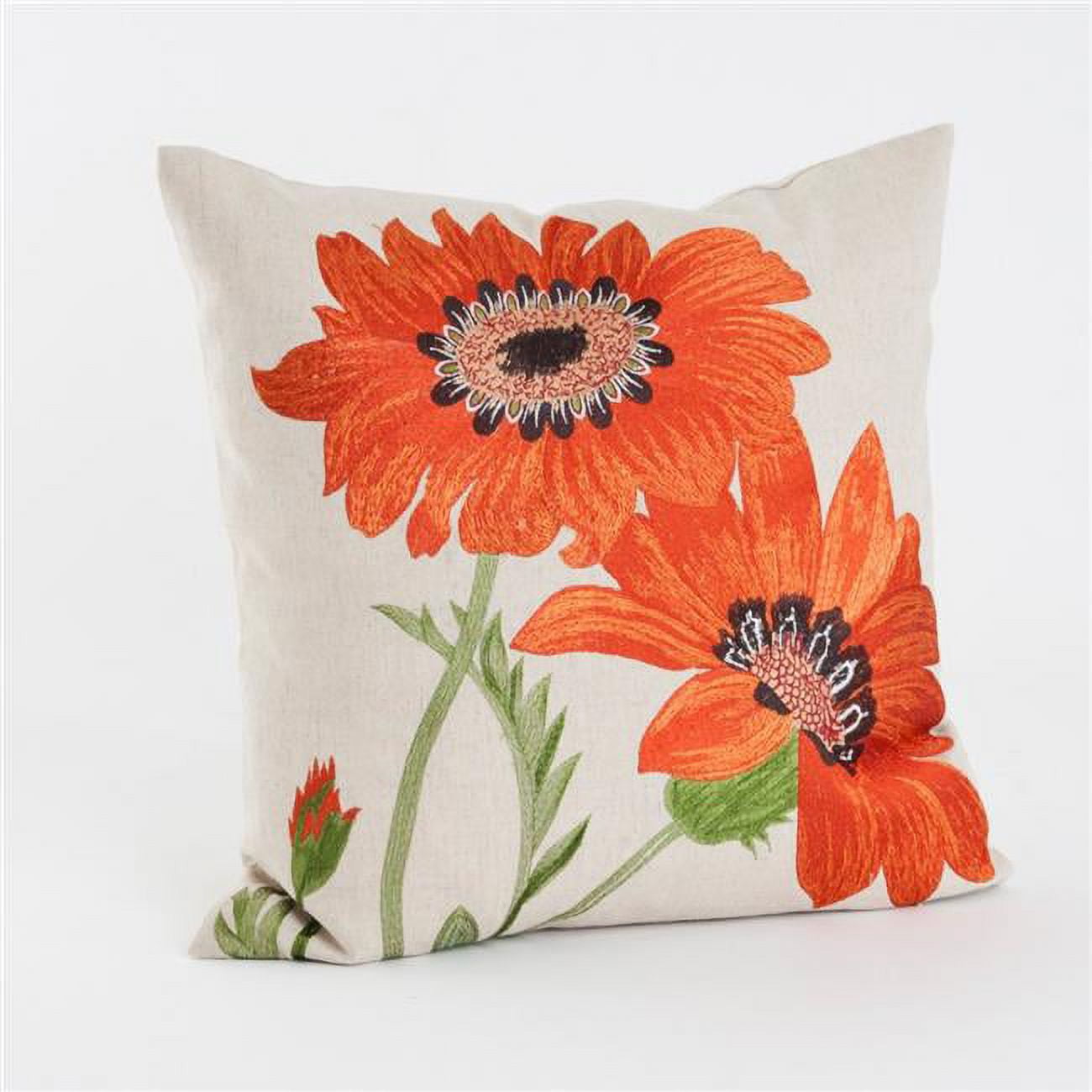 18" Square Orange Cotton Linen Embroidered Flower Throw Pillow