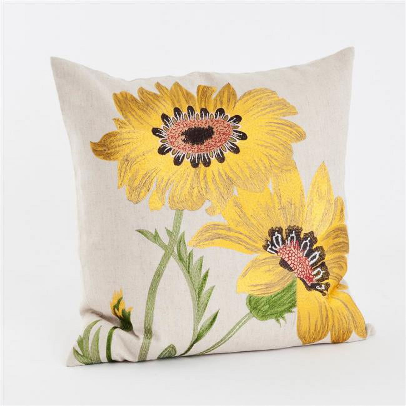 Yellow Floral Embroidered Cotton Linen Square Throw Pillow