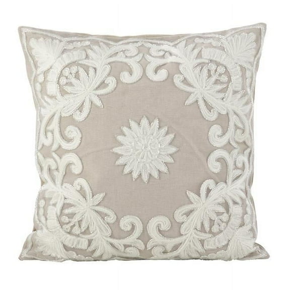 Saro Lifestyle Embroidered Floral Design Beaded Cotton Poly Filled Throw Pillow
