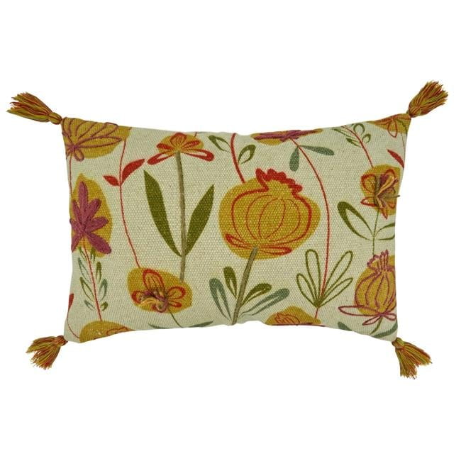 Floral Embroidered Cotton Throw Pillow with Tassels