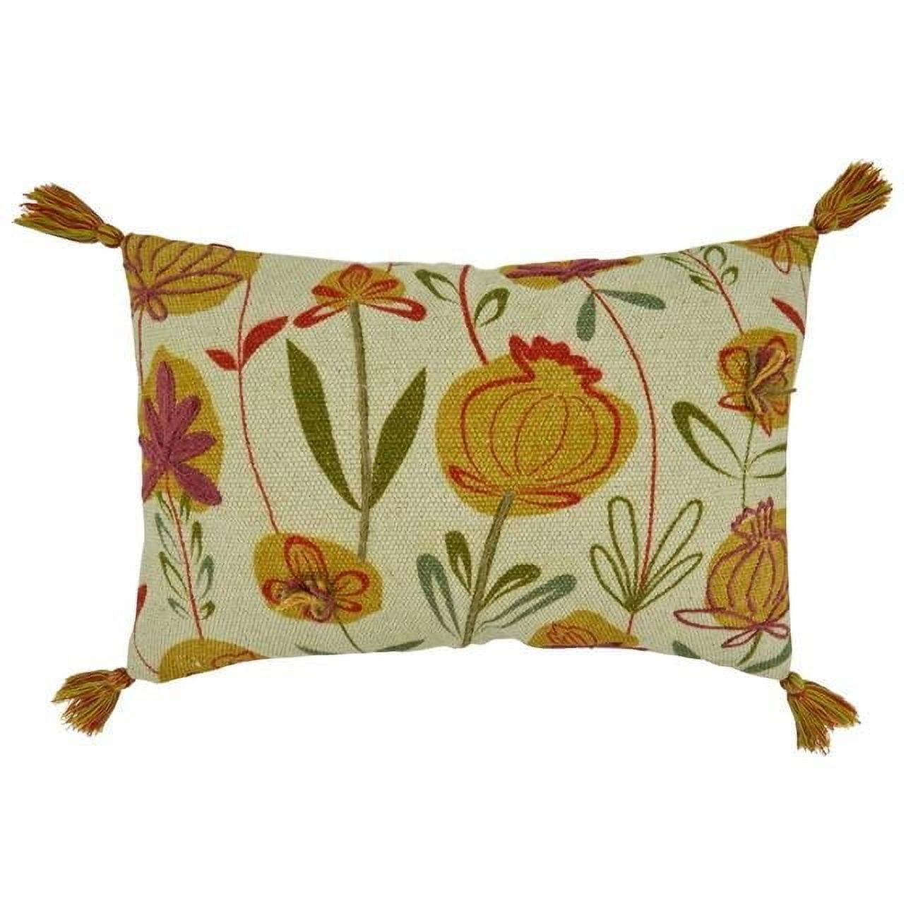Rectangular Green and Yellow Cotton Embroidered Throw Pillow