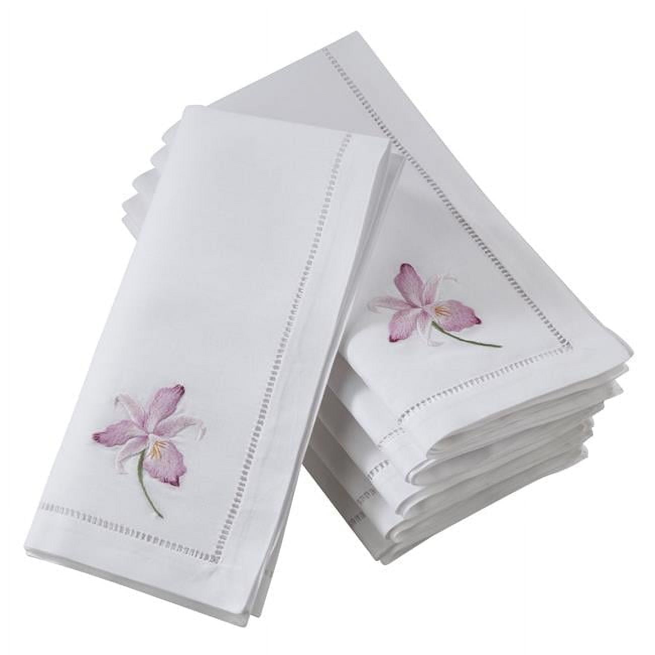 White Cotton Napkins with Fuchsia Orchid Embroidery, Set of 6