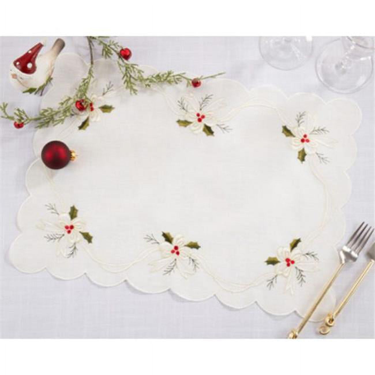 White Embroidered Holly and Ribbon Fabric Placemats Set of 4