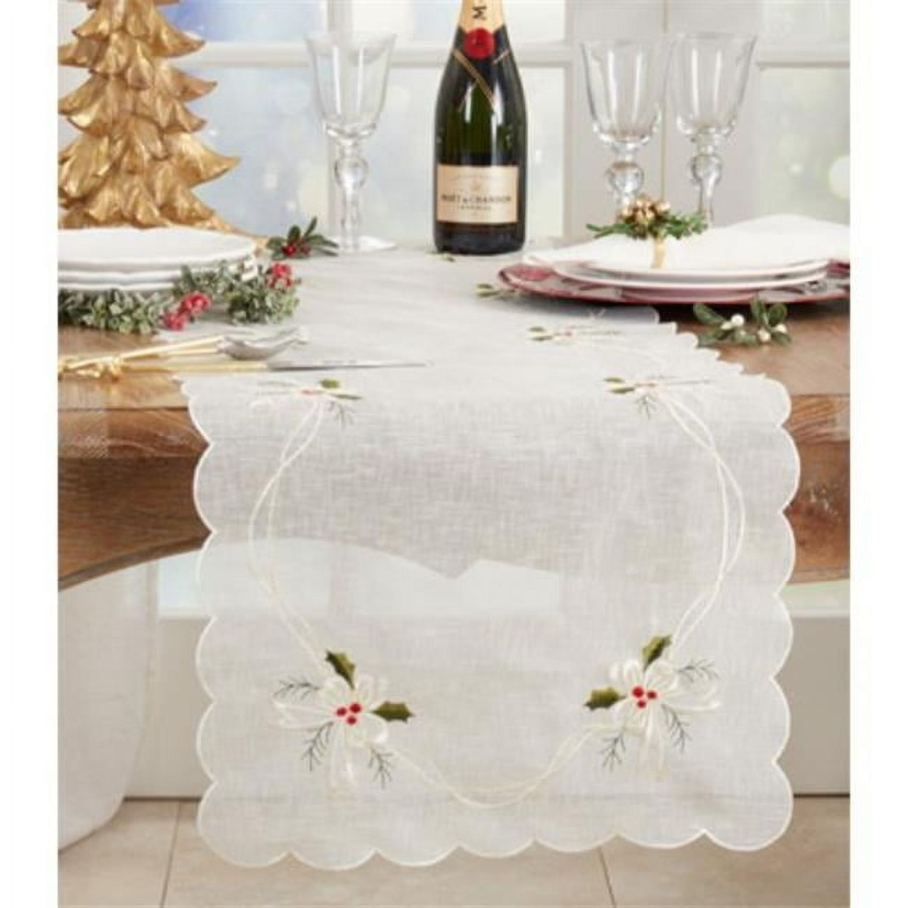 White Embroidered Holly and Ribbon Table Runner