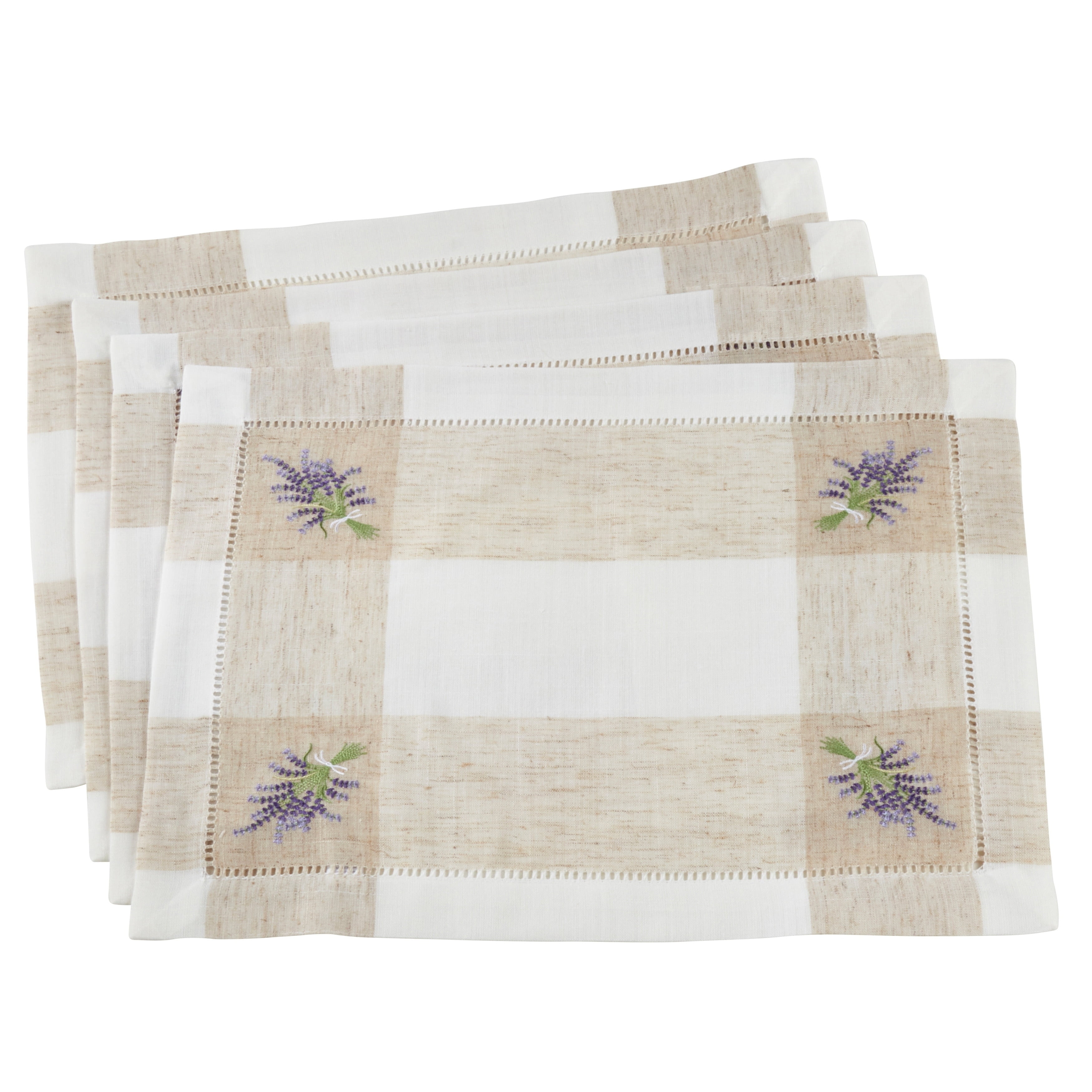 Ivory Embroidered Lavender Hemstitch Placemats, Set of 4