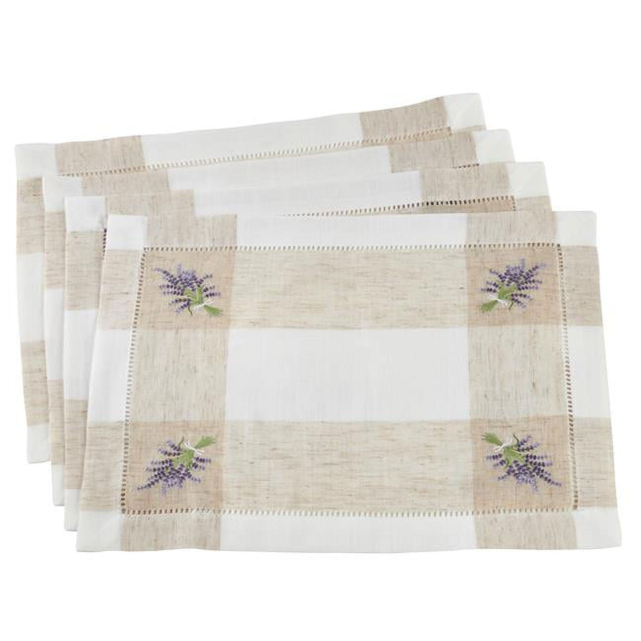 Ivory Embroidered Lavender Hemstitch Placemats, Set of 4