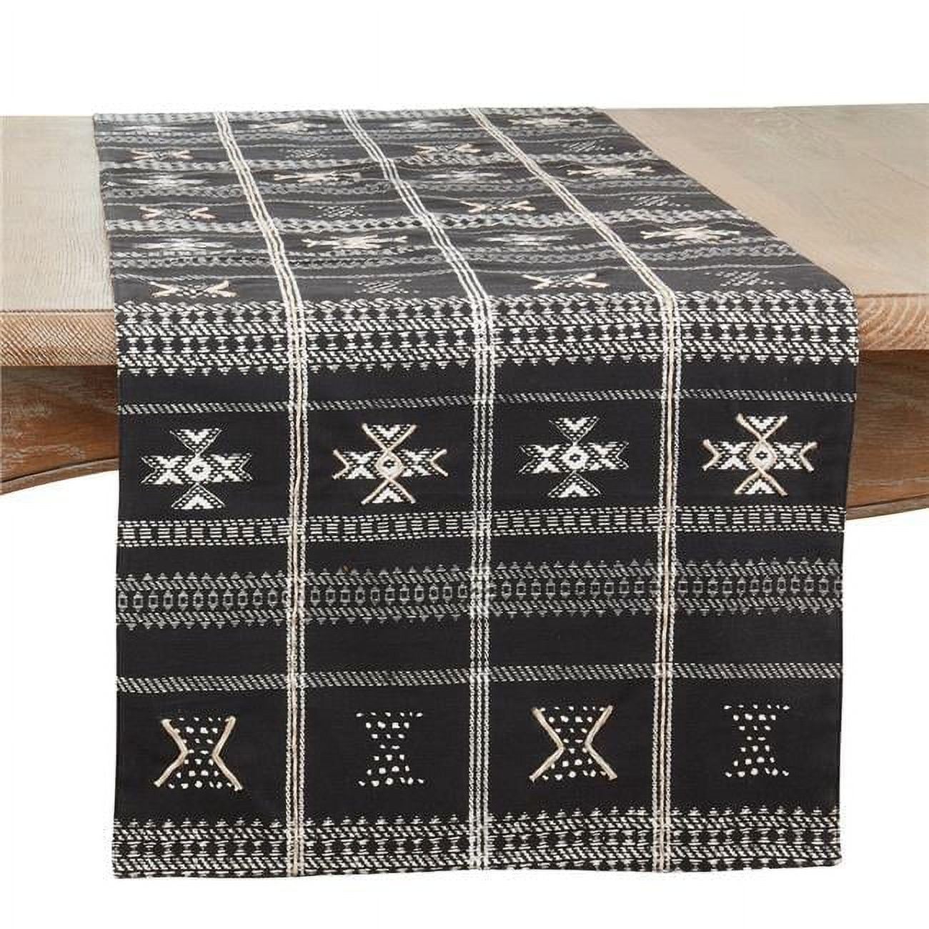 Black and White Embroidered Mudcloth Table Runner