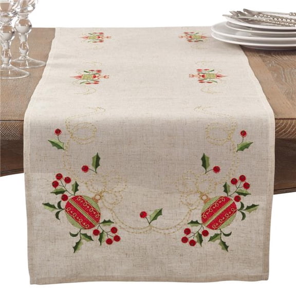 Saro Lifestyle Embroidered Ornament Design Christmas Linen Blend Table Runner