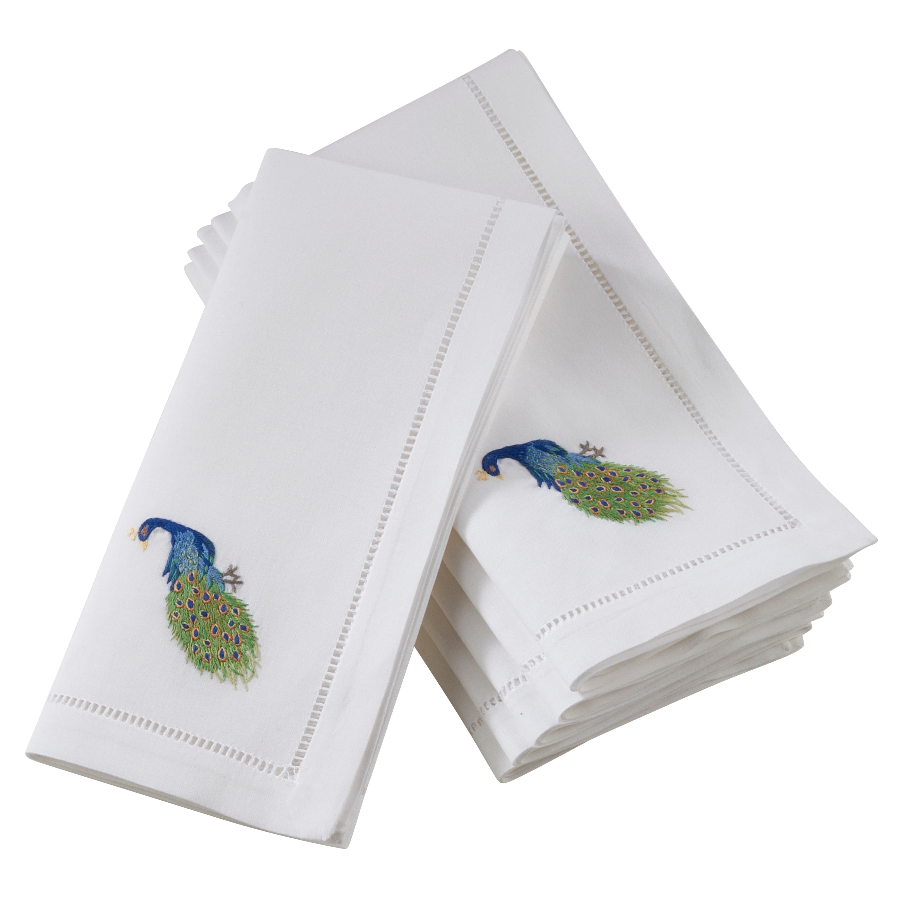 White Cotton Hemstitch Peacock Embroidered Table Napkins Set