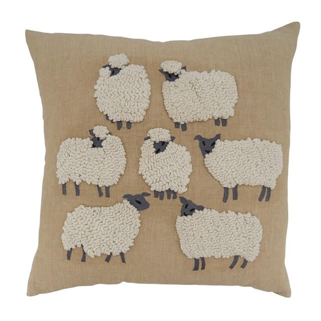 Natural Embroidered Sheep Cotton Square Throw Pillow