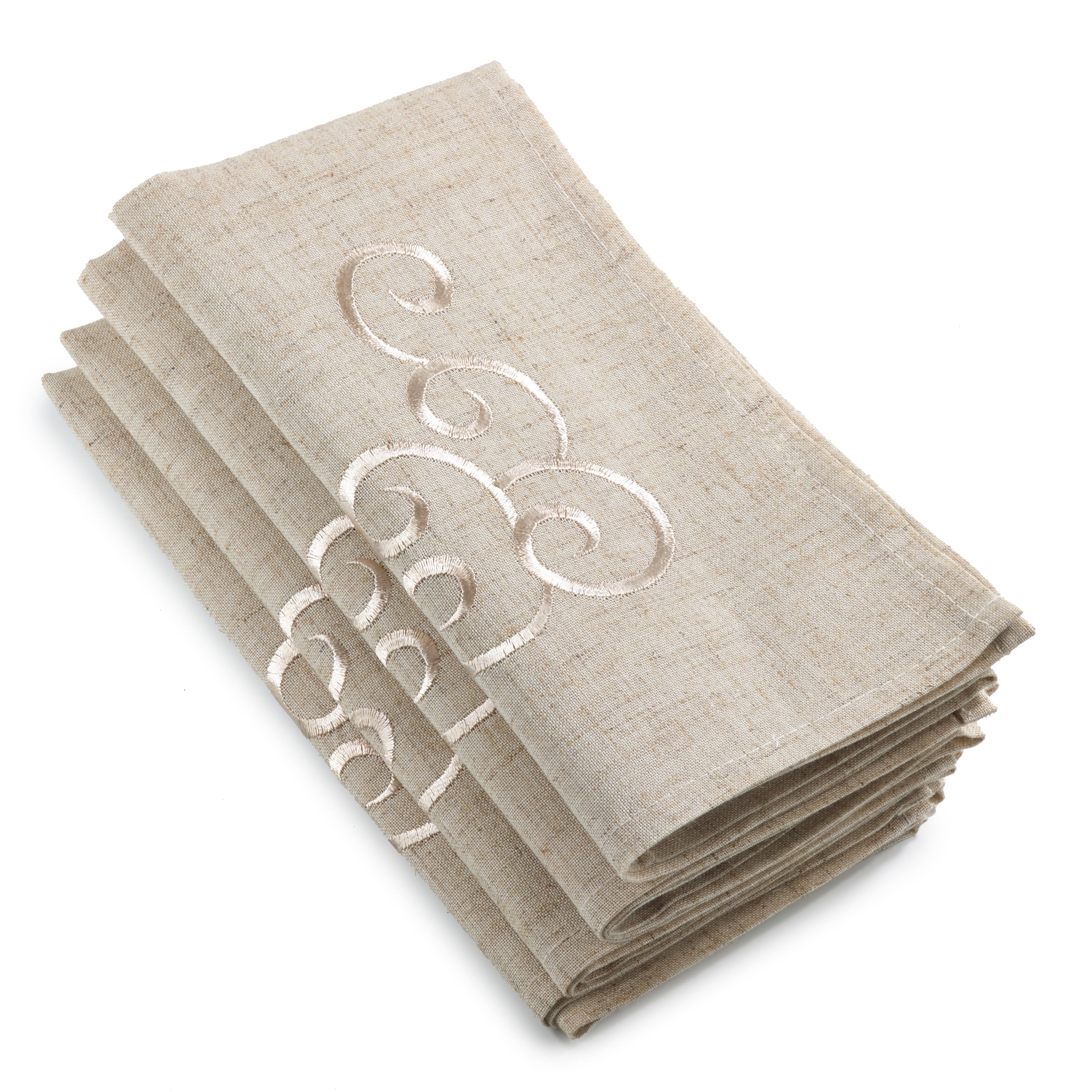 Tan Linen Blend Embroidered Scroll Design Napkins, Set of 4