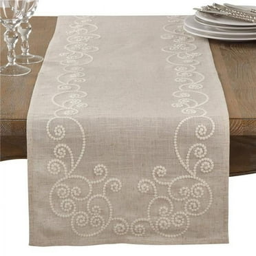 Saro Lifestyle  Embroidered Swirl Design Linen Blend Table Runner - Natural - 16 x 90 in.