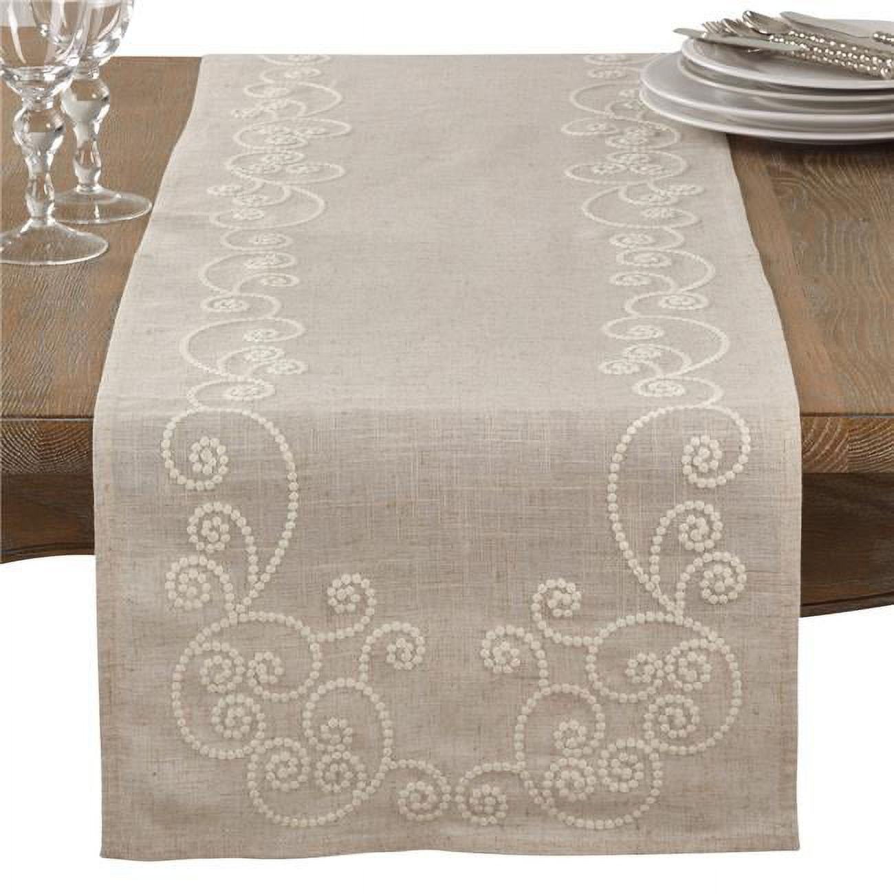 Natural Linen Blend Embroidered Swirl Table Runner
