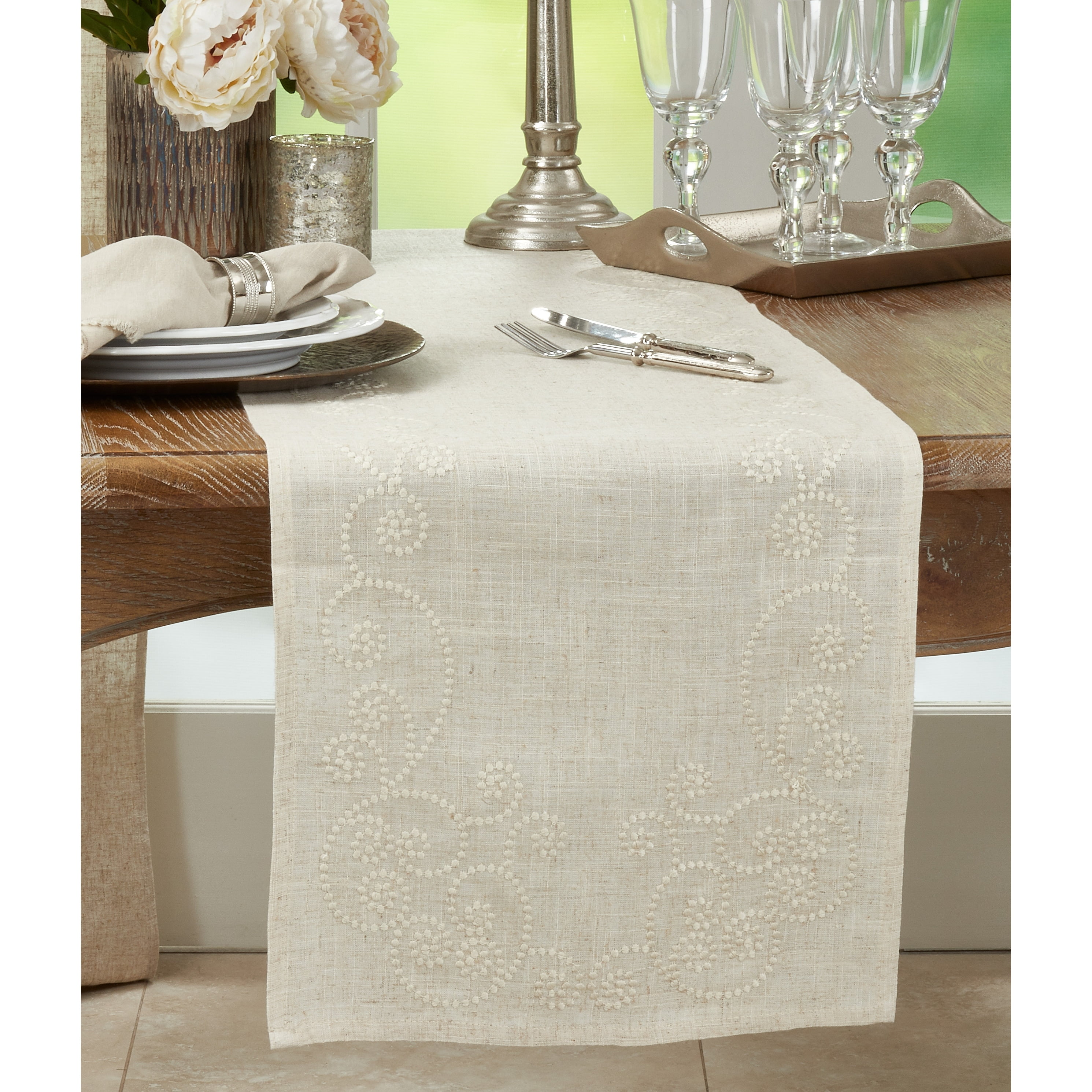 Natural Linen Blend Embroidered Swirl Table Runner