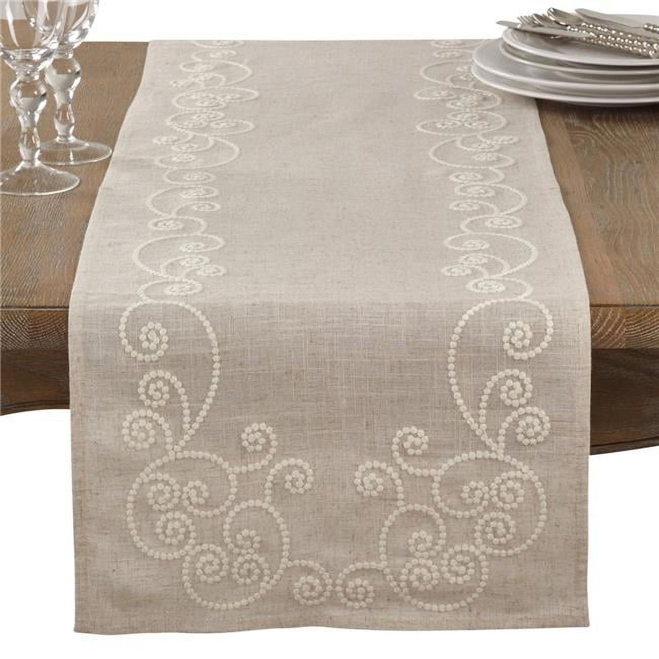 Natural Linen Blend Embroidered Swirl Table Runner