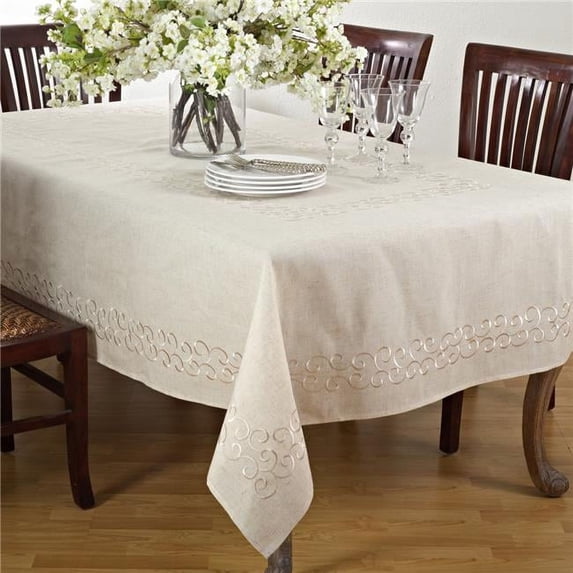 Saro Lifestyle Embroidered Swirl Design Linen Blend Tablecloth Beige 67" x 160" Rectangle