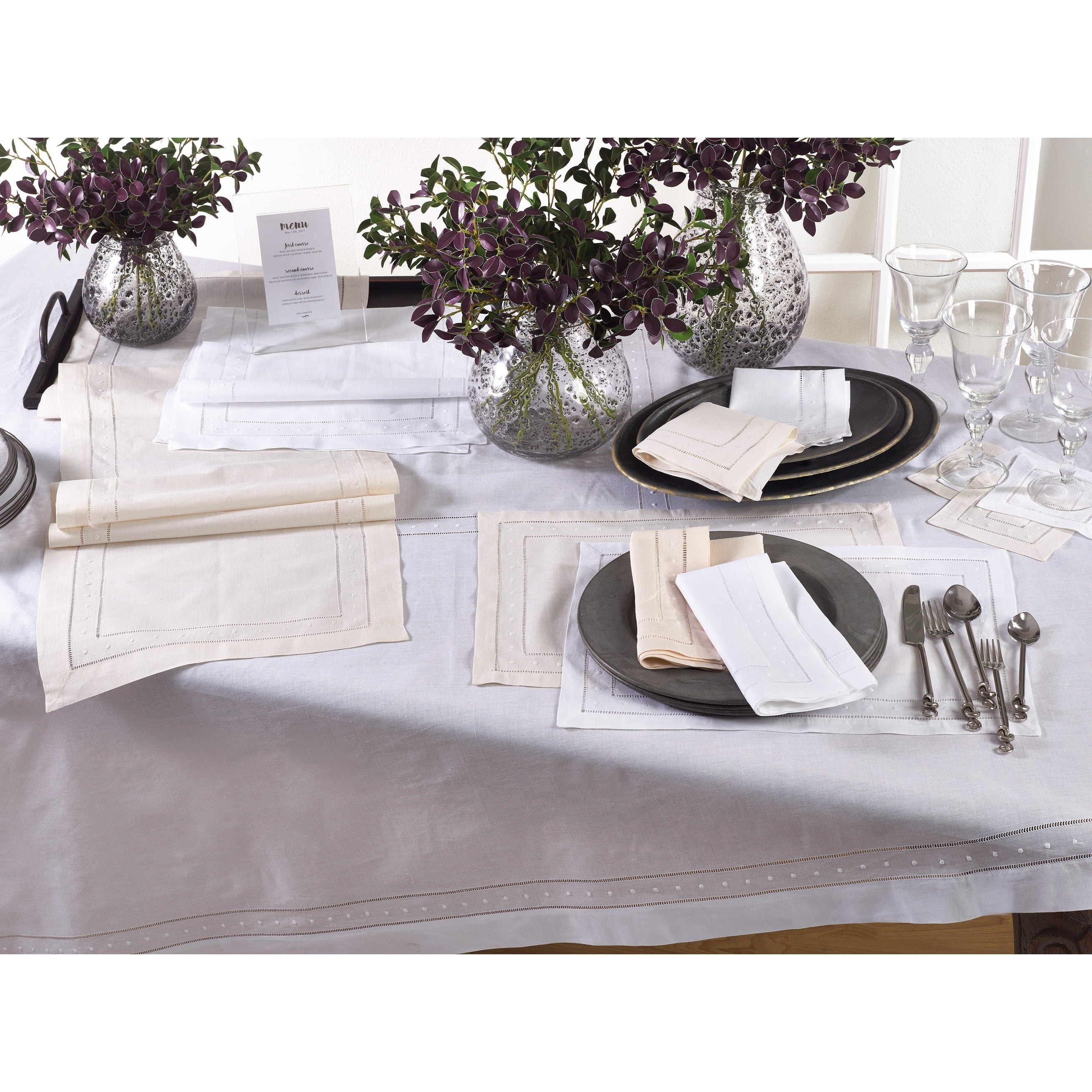 White Embroidered Hemstitched Rectangular Fabric Tablecloth 65" x 120"
