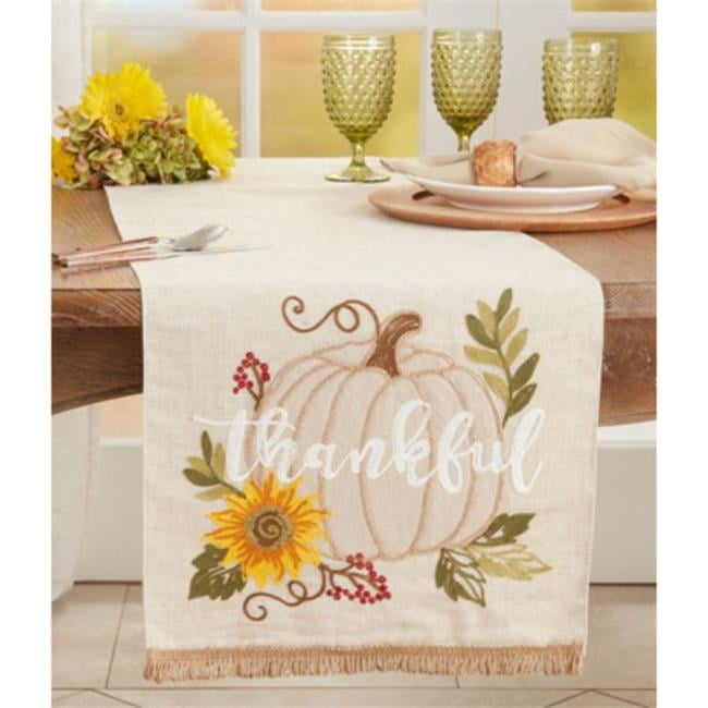 Beige Polyester Fall Table Runner with Thankful Pumpkin Design